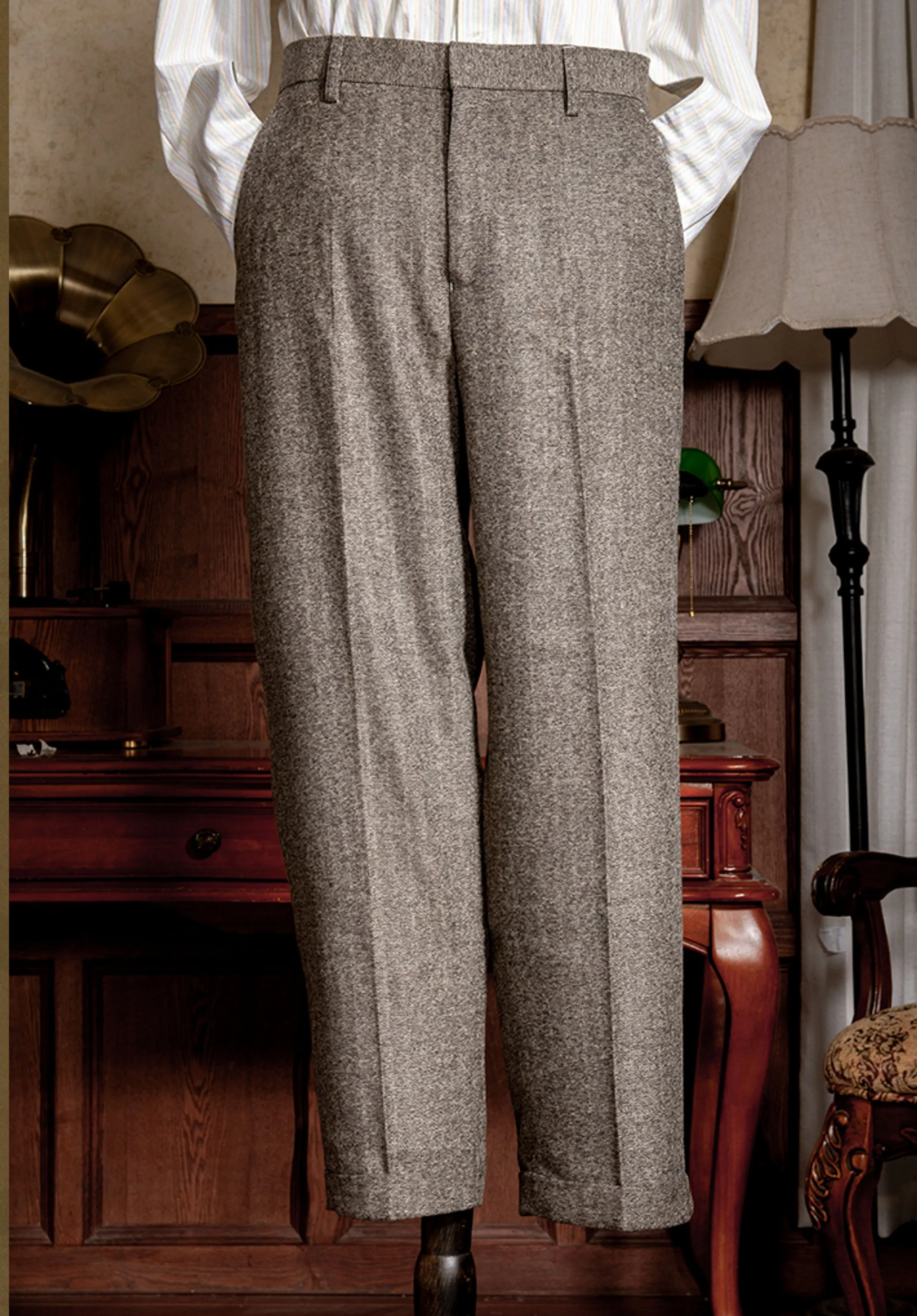 Grey Herringbone Pleated Trousers - Image 7