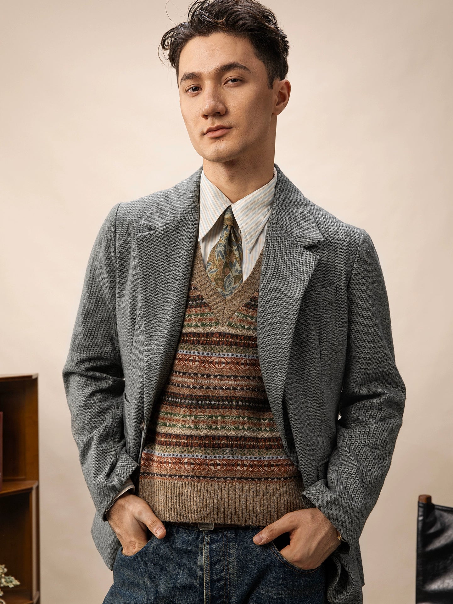 Grey Herringbone Tweed Blazer - Image 2