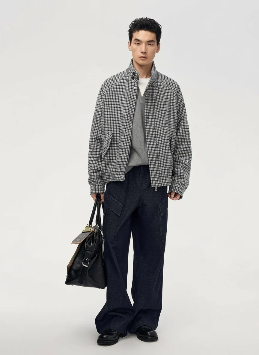 Grey Houndstooth Stand-Collar Tweed Jacket