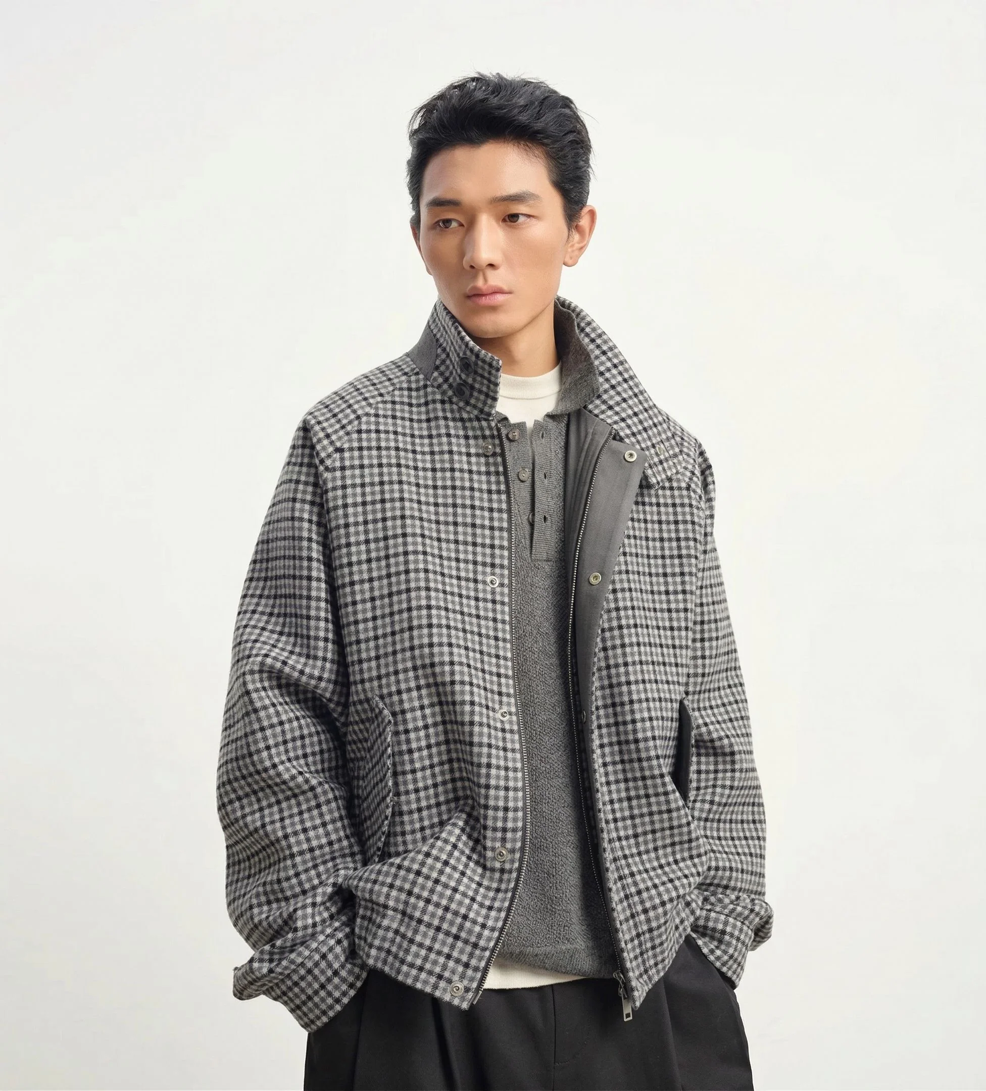 Grey Houndstooth Stand-Collar Tweed Jacket - Image 5