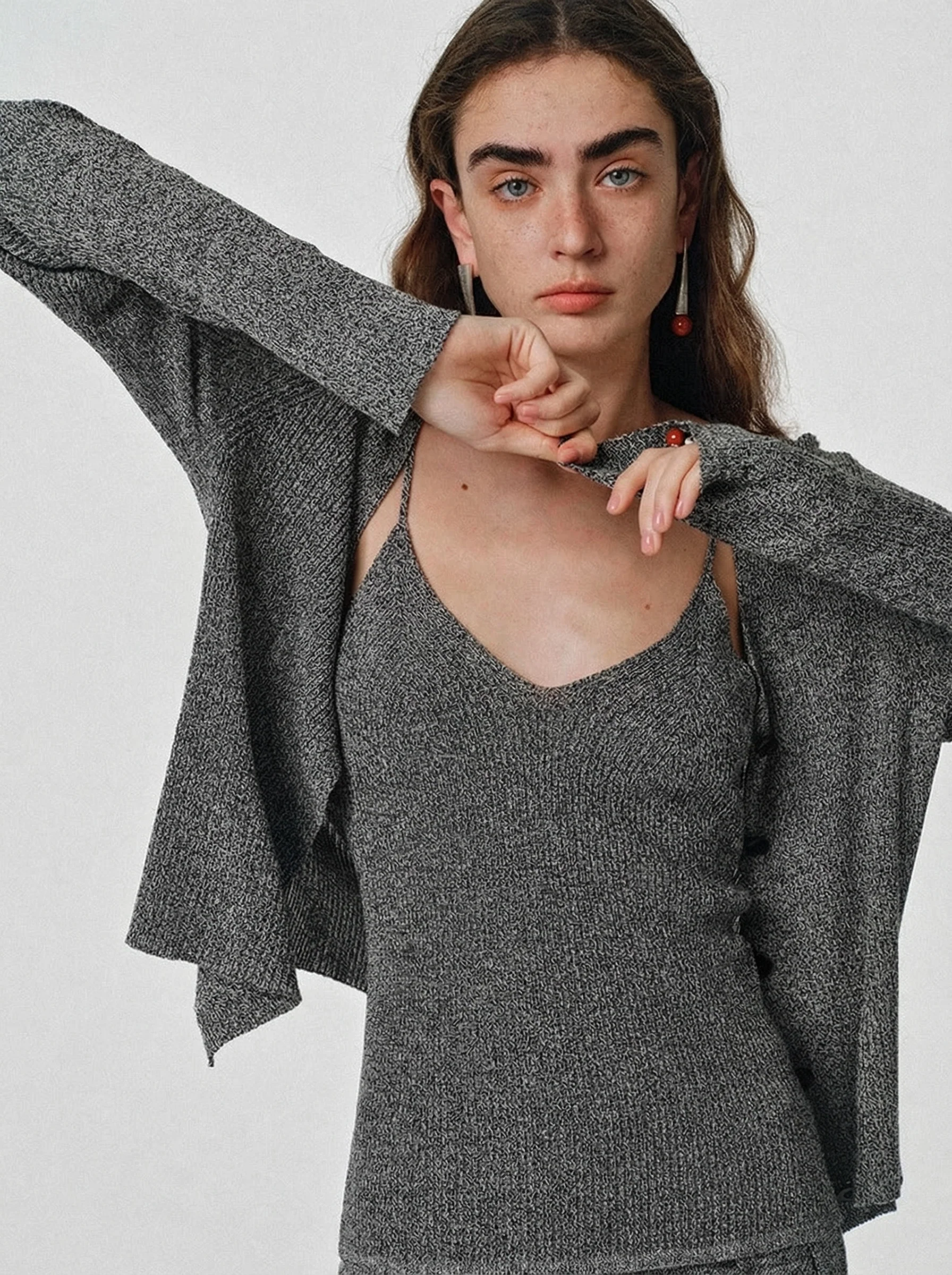 Grey Marled Knit Three-Piece Set