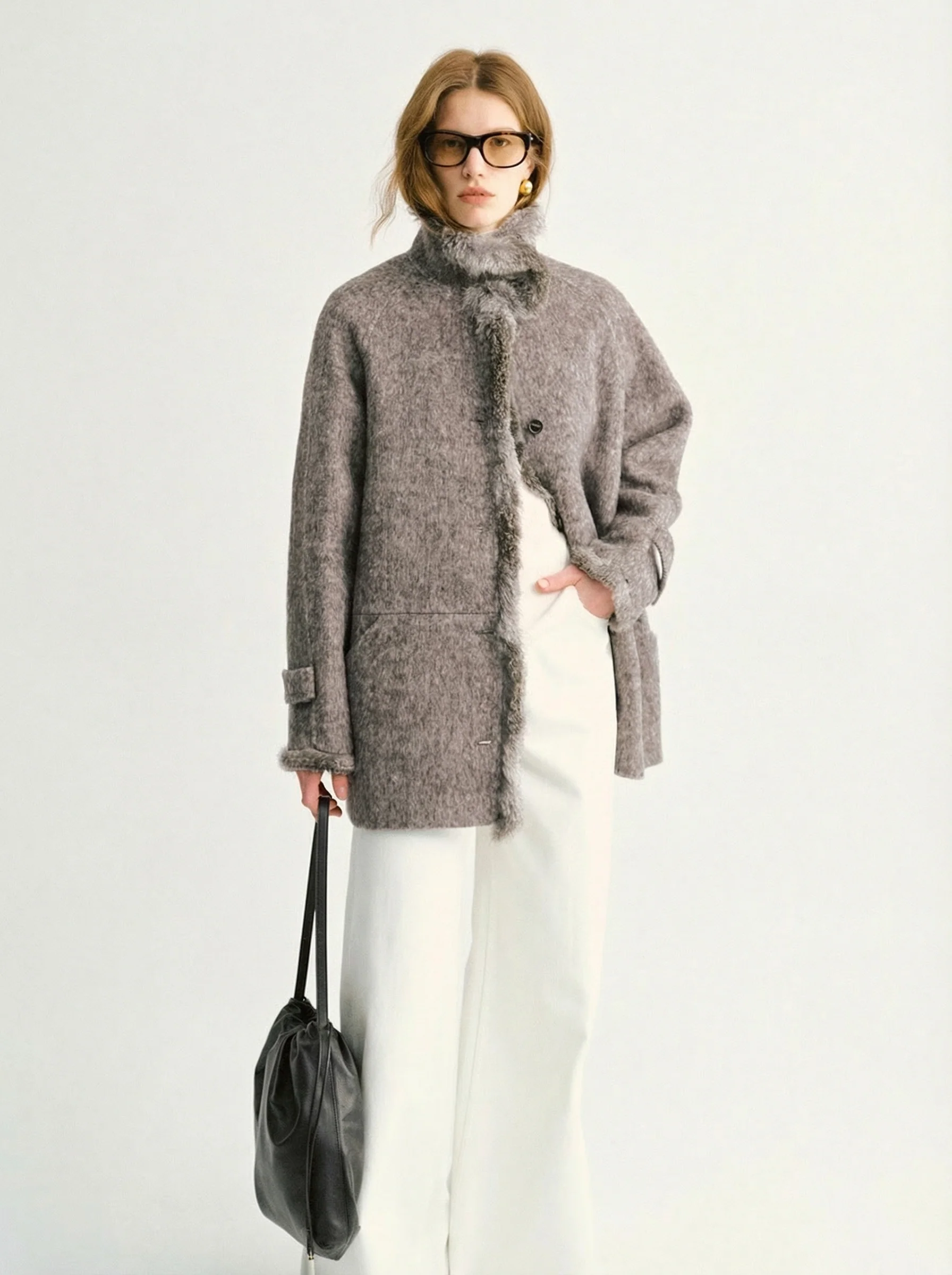 Grey Melange Stand Collar Fur-Trim Coat