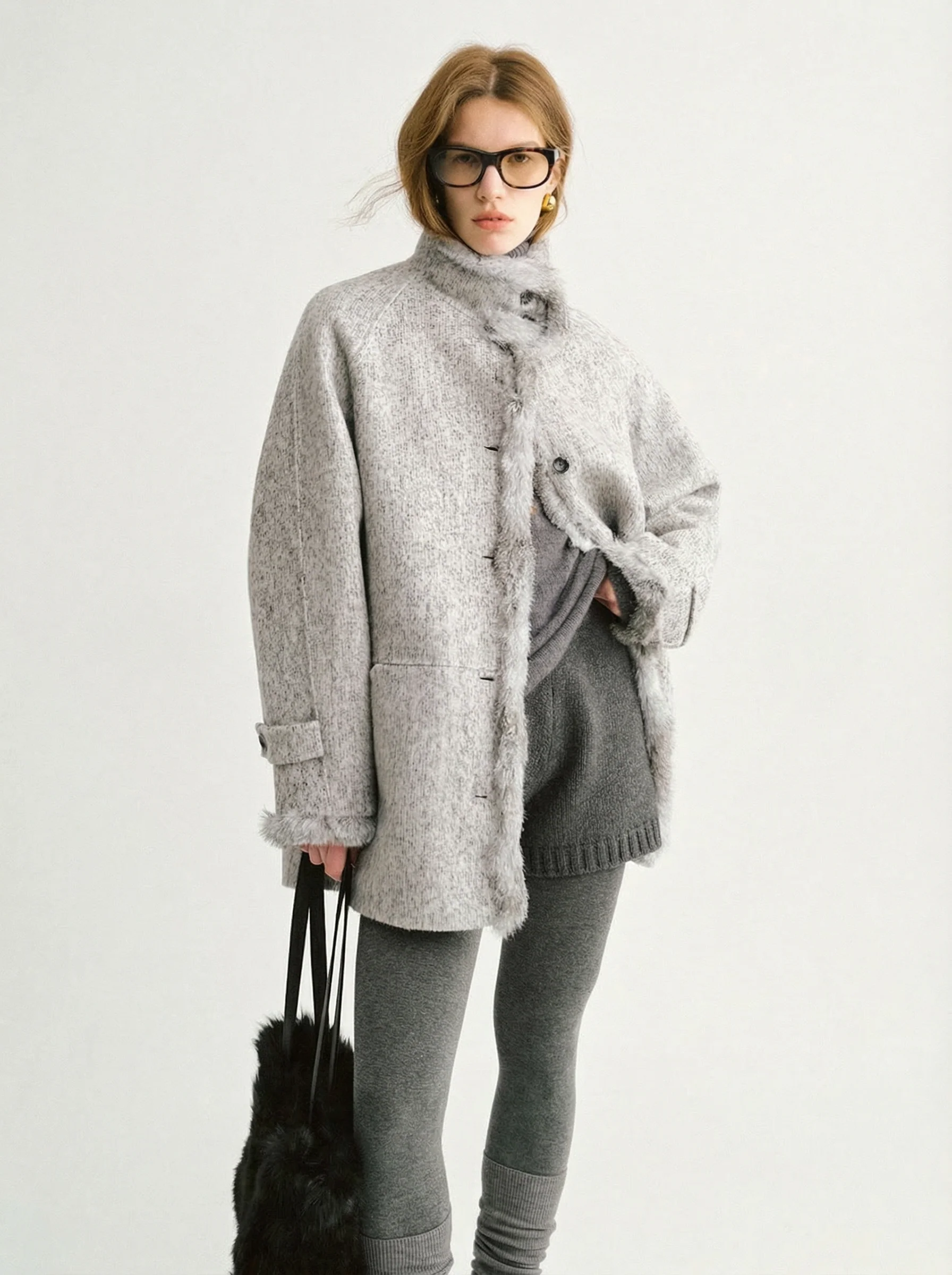 Grey Melange Stand Collar Fur-Trim Coat - Image 3