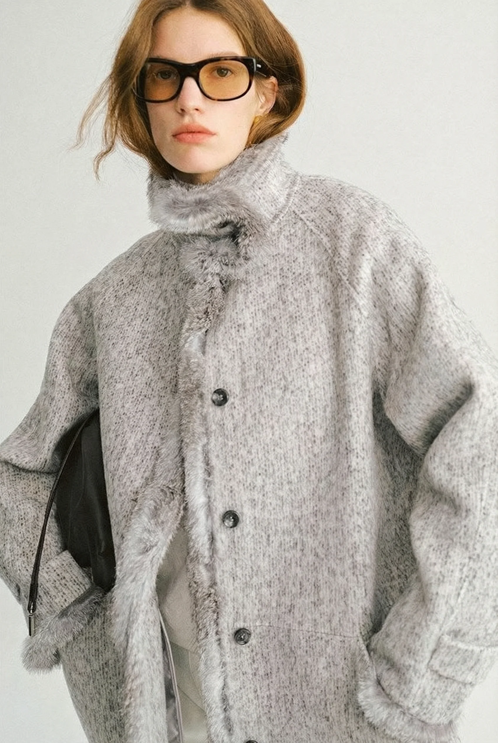 Grey Melange Stand Collar Fur-Trim Coat - Image 4