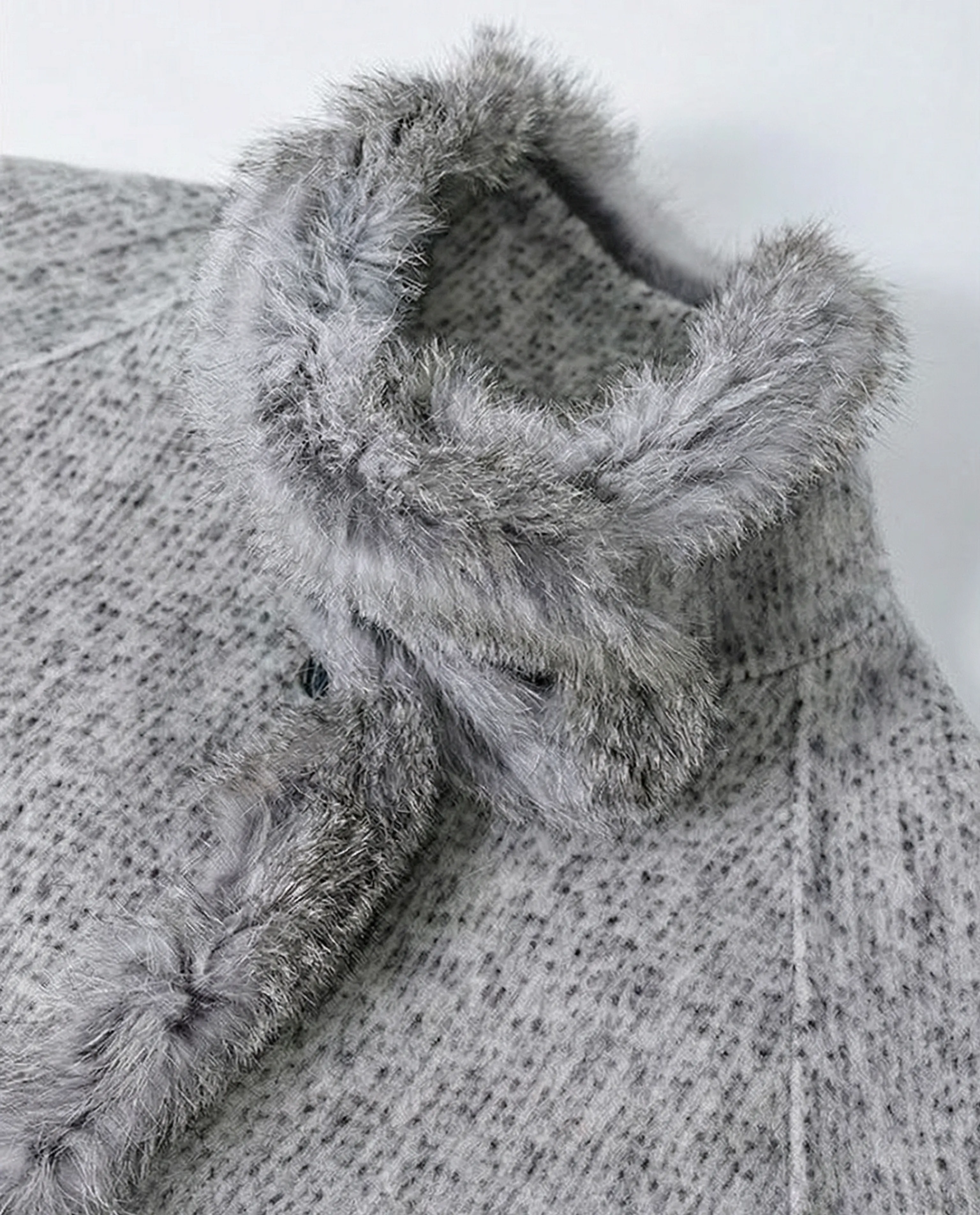 Grey Melange Stand Collar Fur-Trim Coat - Image 5