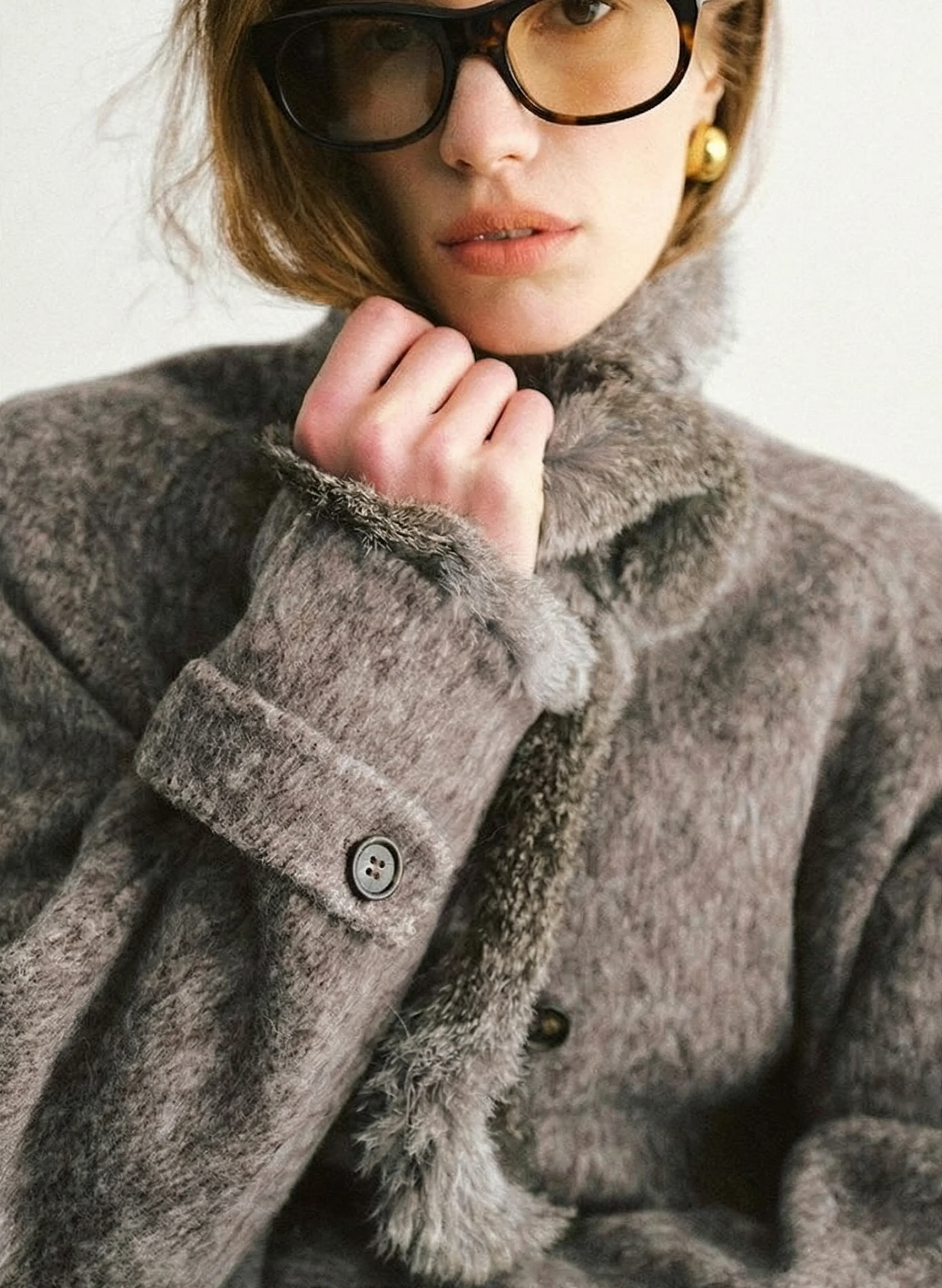Grey Melange Stand Collar Fur-Trim Coat - Image 6
