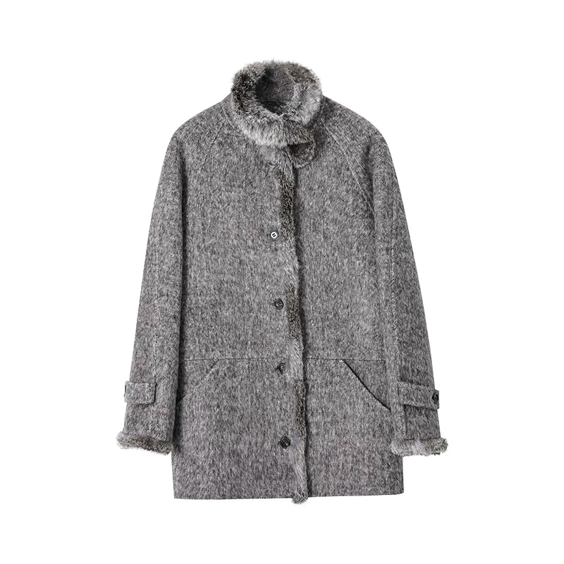 Grey Melange Stand Collar Fur-Trim Coat - Image 7