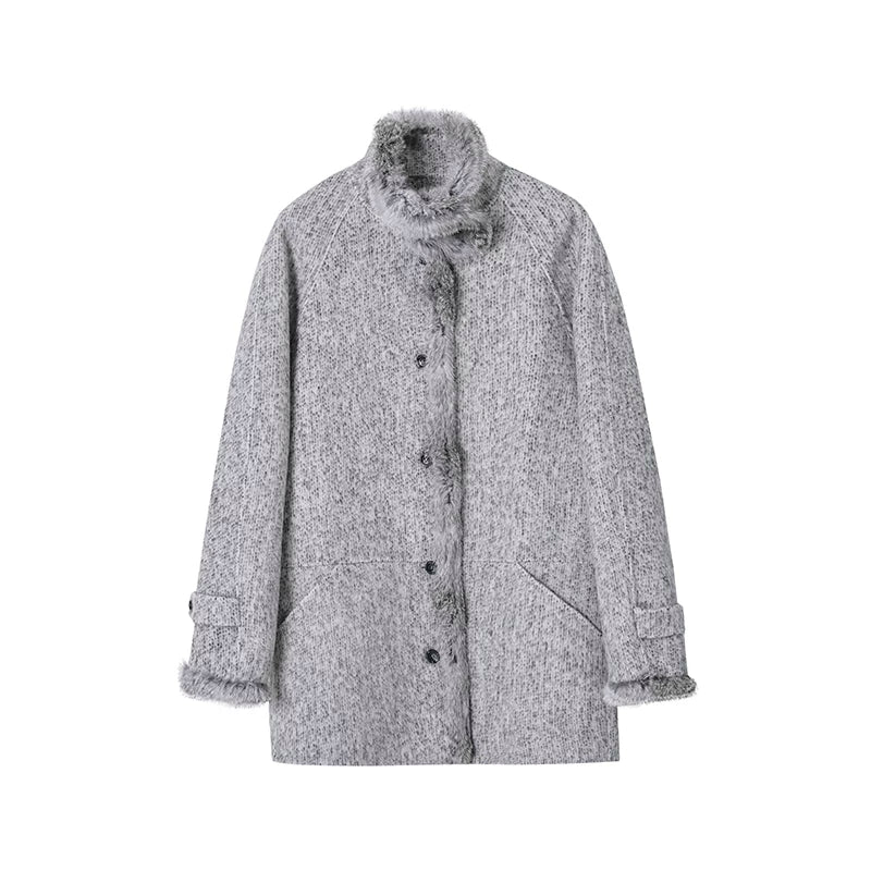 Grey Melange Stand Collar Fur-Trim Coat - Image 8
