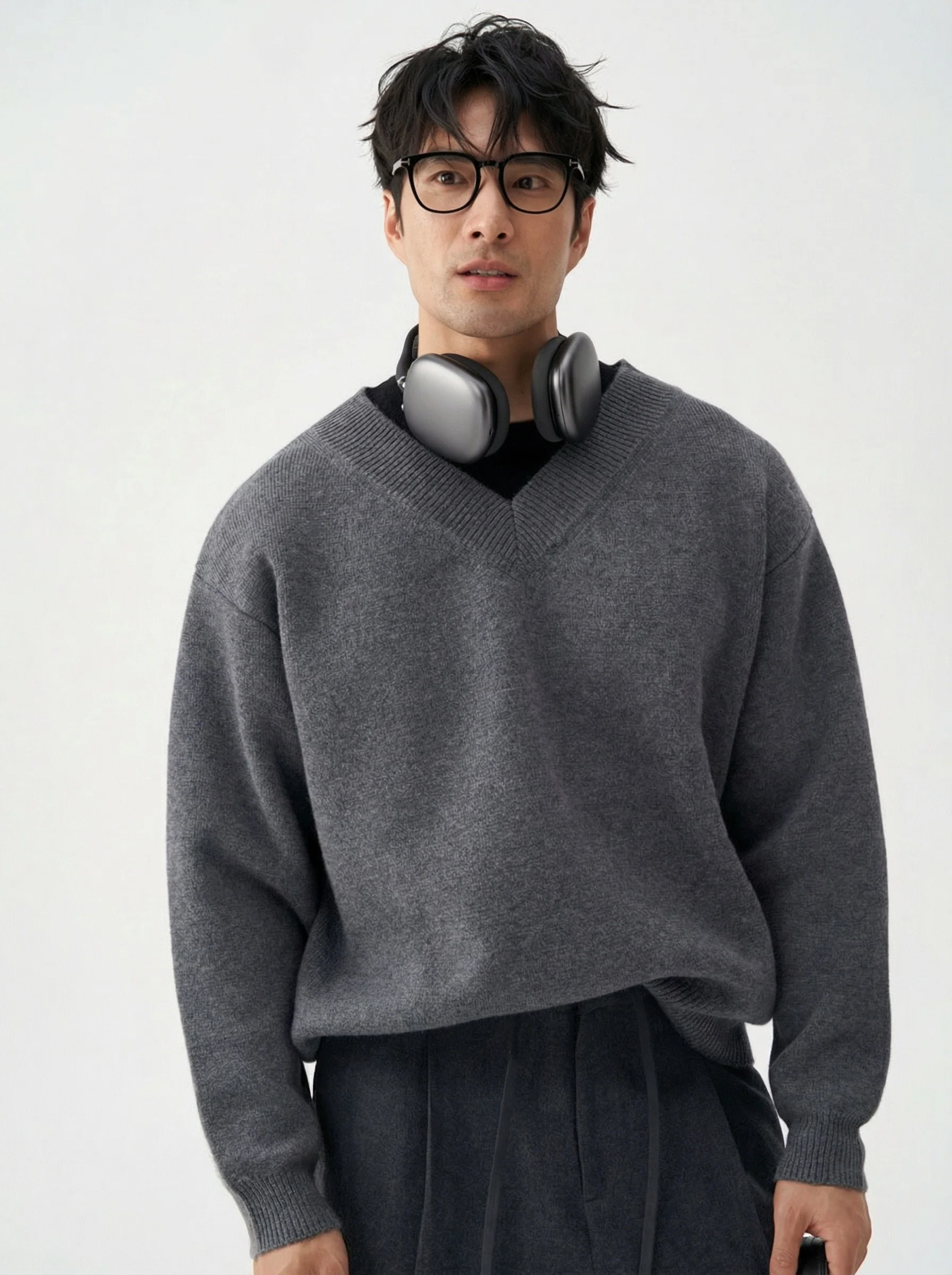 Grey Merino V-Neck Sweater - Image 3