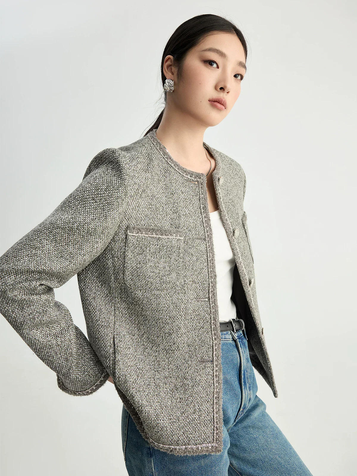 Grey Tweed Collarless Jacket - Image 2