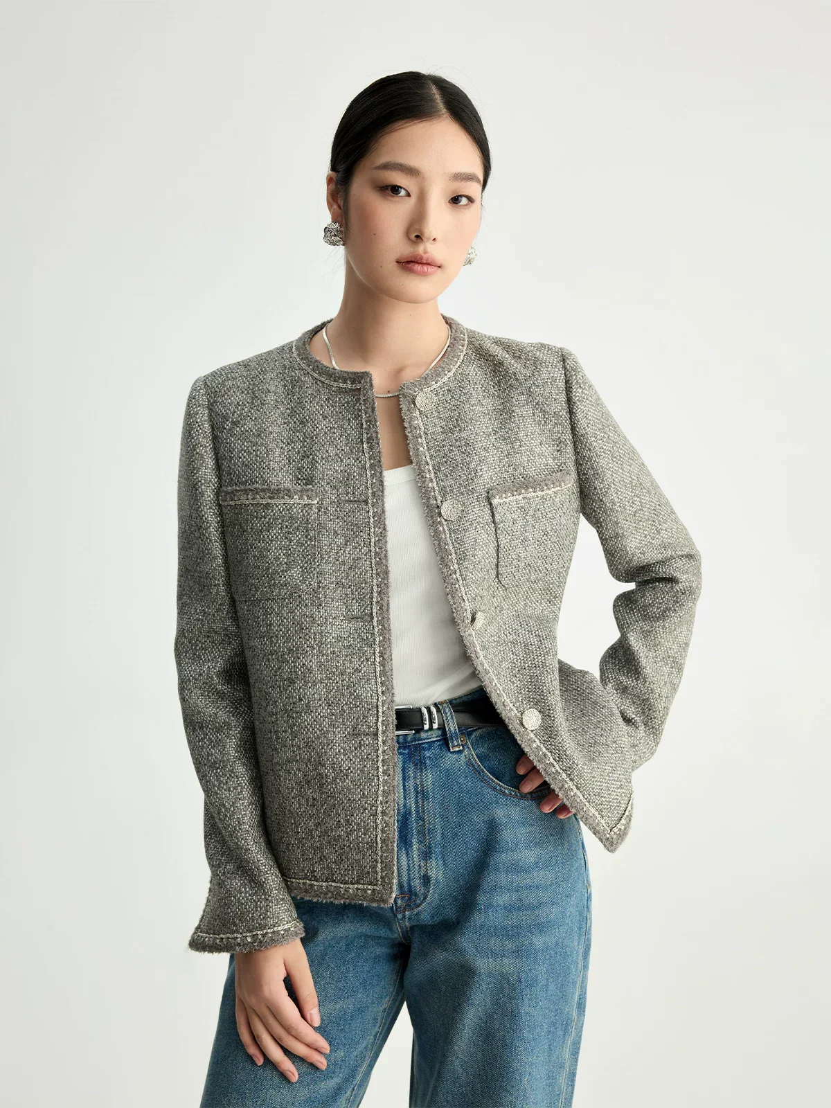 Grey Tweed Collarless Jacket - Image 3