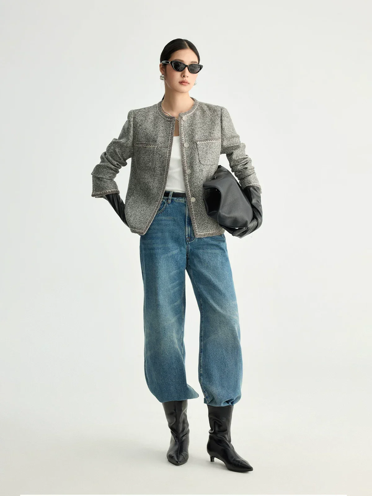 Grey Tweed Collarless Jacket - Image 4