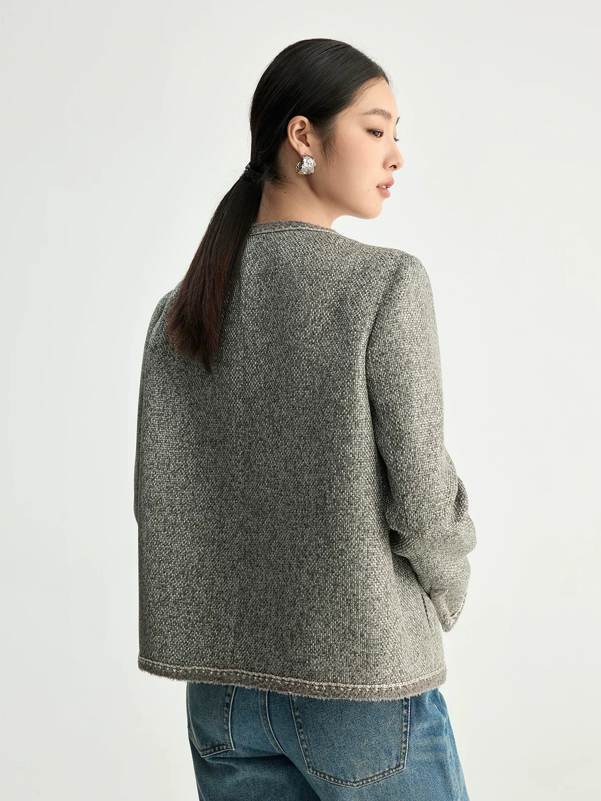 Grey Tweed Collarless Jacket - Image 5