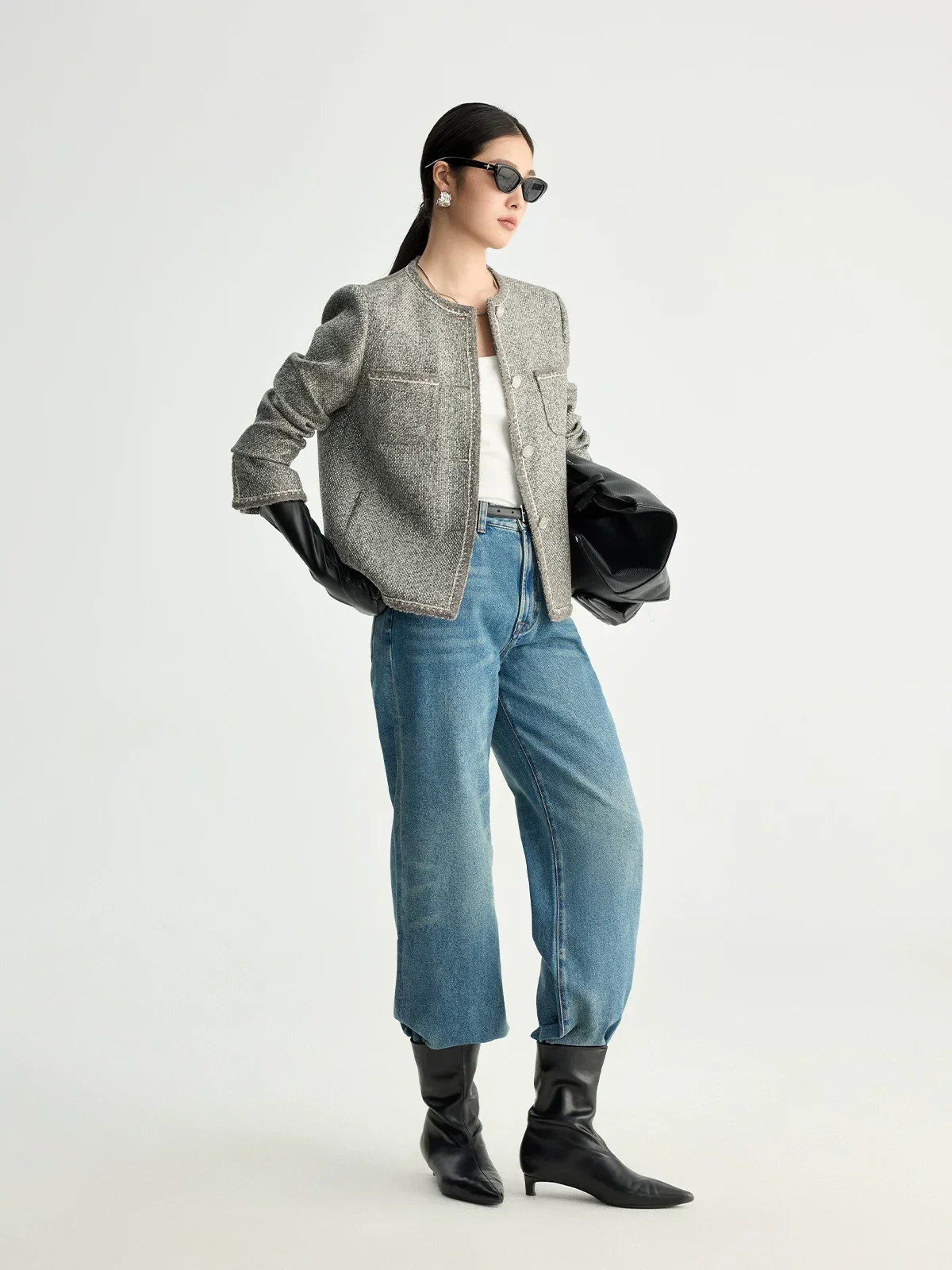 Grey Tweed Collarless Jacket - Image 6