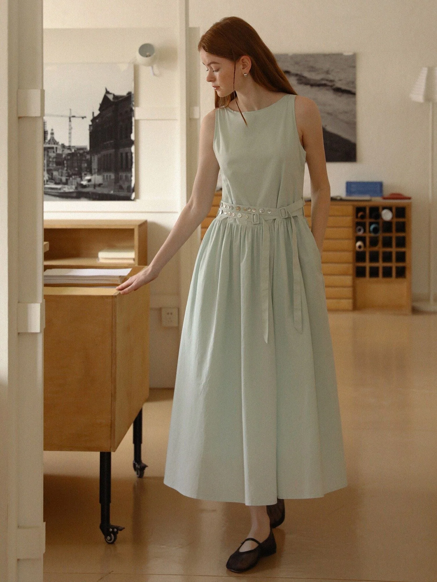 Grommet Belt Midi Dress
