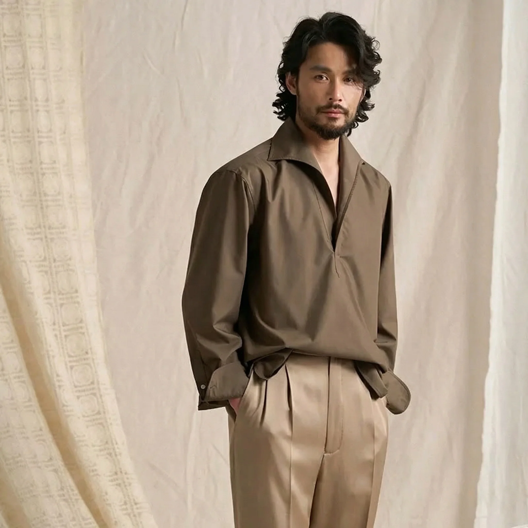 Half-Open Collar Modal Shirt - Image 7