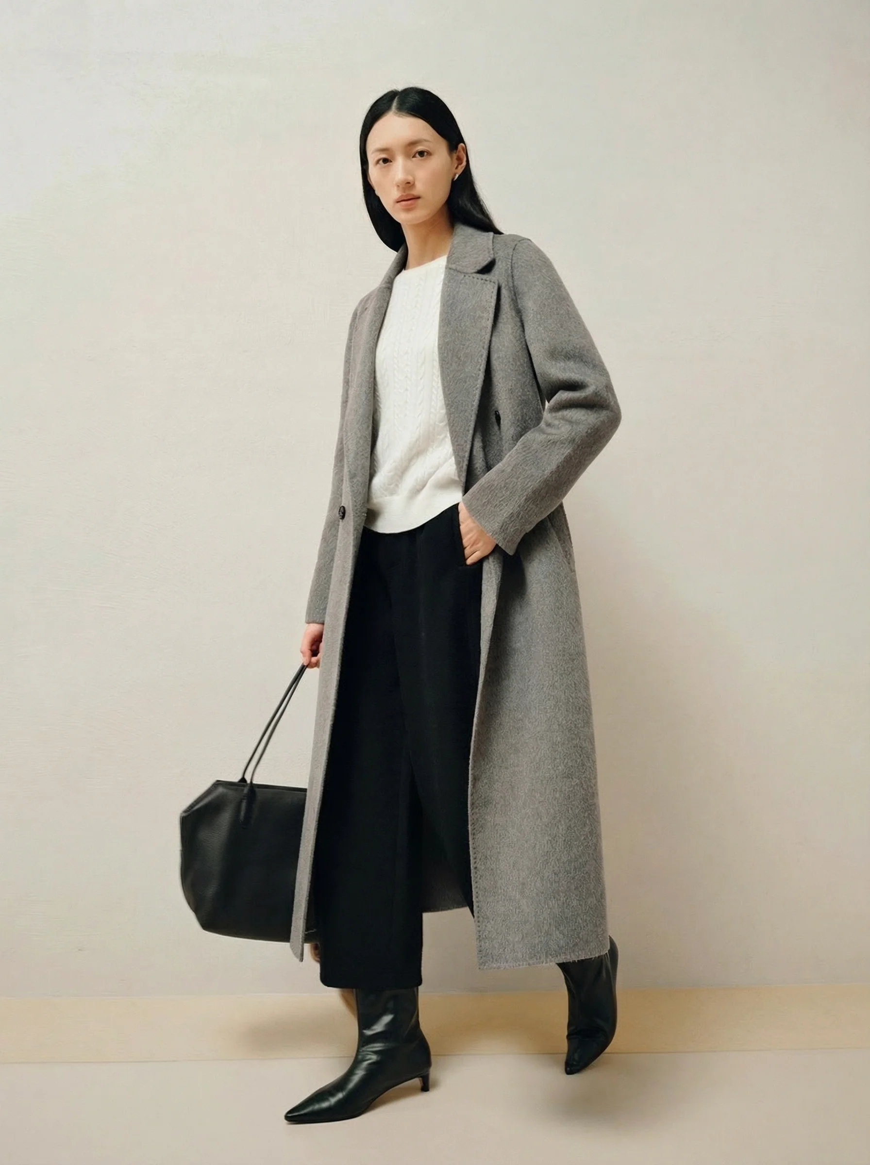 Heather Grey Belted Double-Breasted Overcoat - Image 3
