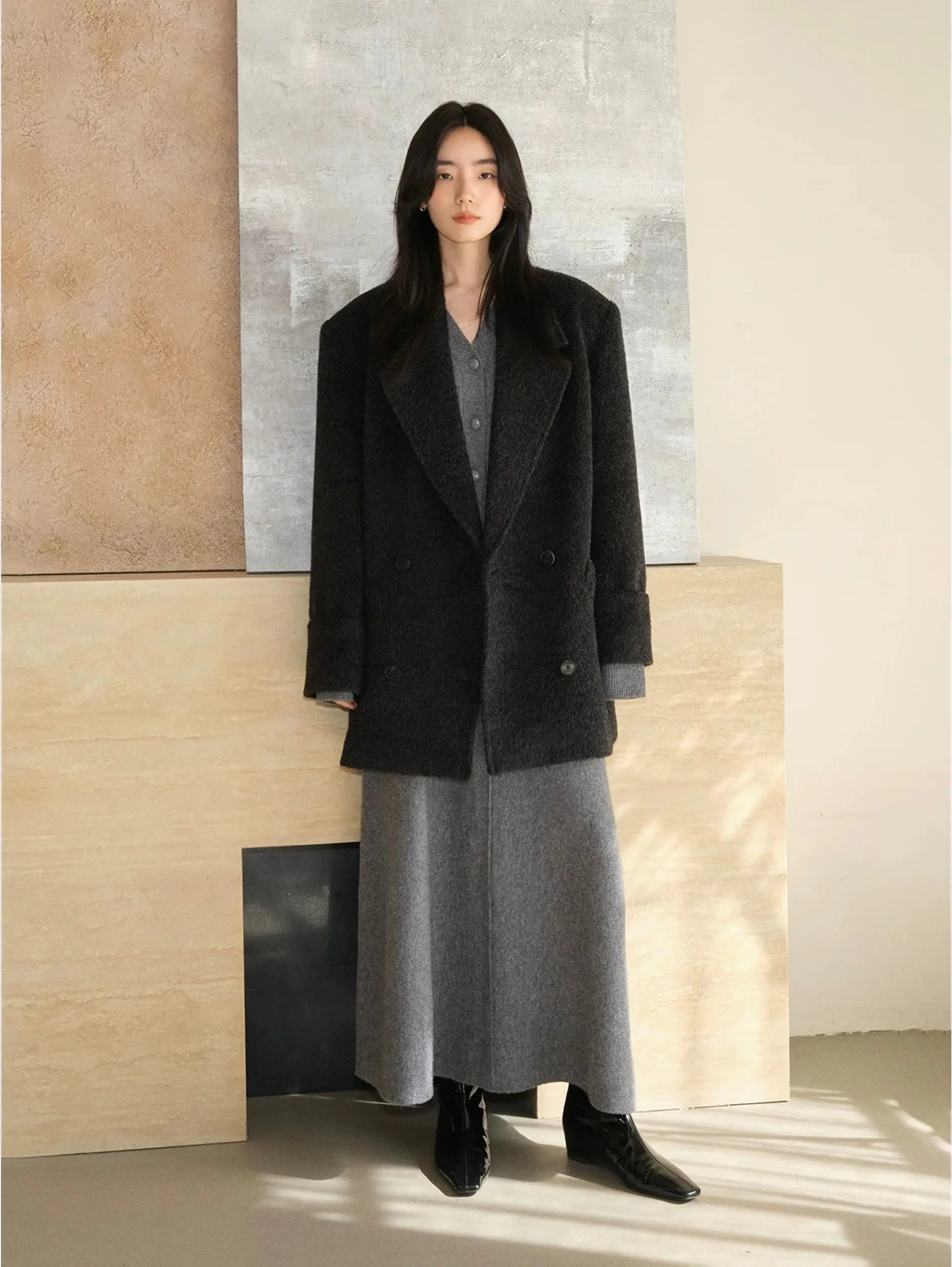 Heavy Wool V-Neck Cardigan and Skirt Set