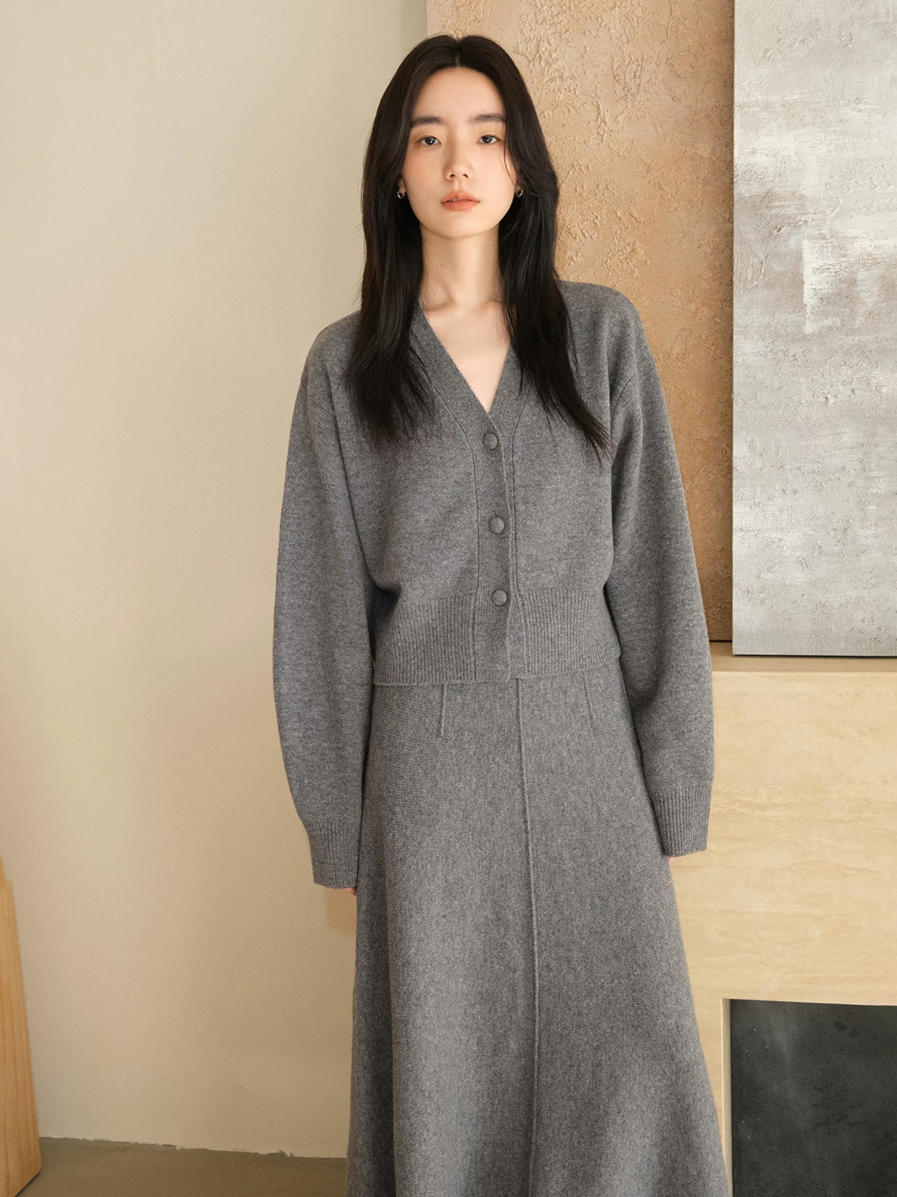 Heavy Wool V-Neck Cardigan and Skirt Set - Image 2