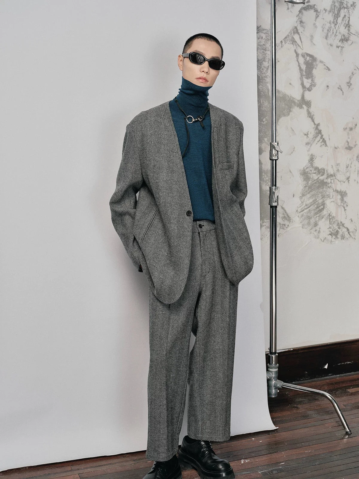 Herringbone Collarless Wool Suit