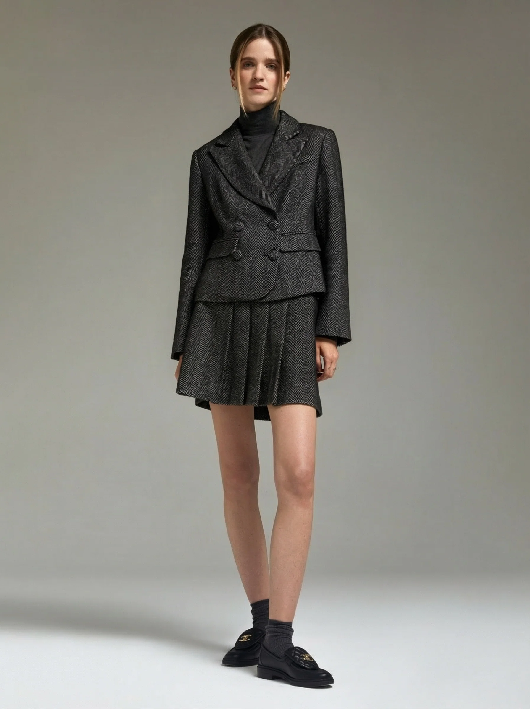Herringbone Pleated Mini Skirt