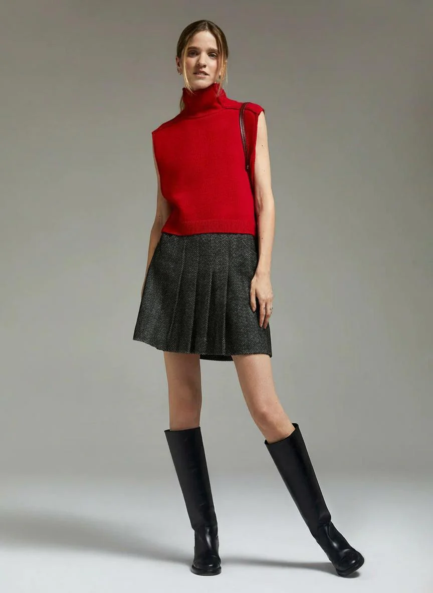 Herringbone Pleated Mini Skirt - Image 4