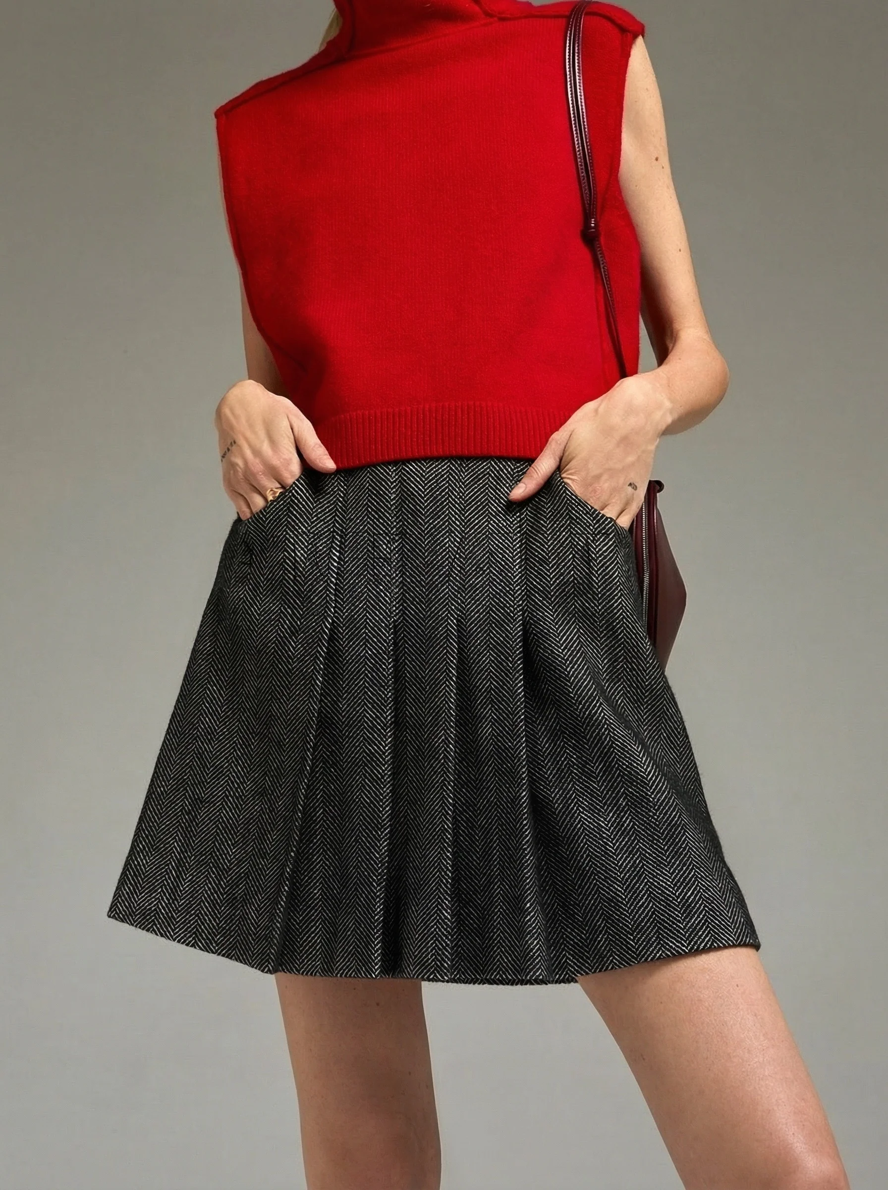 Herringbone Pleated Mini Skirt - Image 6