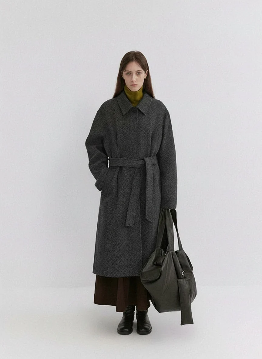 Herringbone Wool-Blend Belted Coat