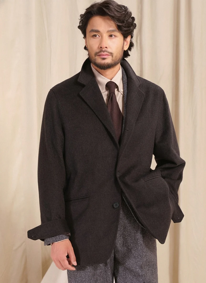 Herringbone Wool-Blend Convertible Collar Jacket