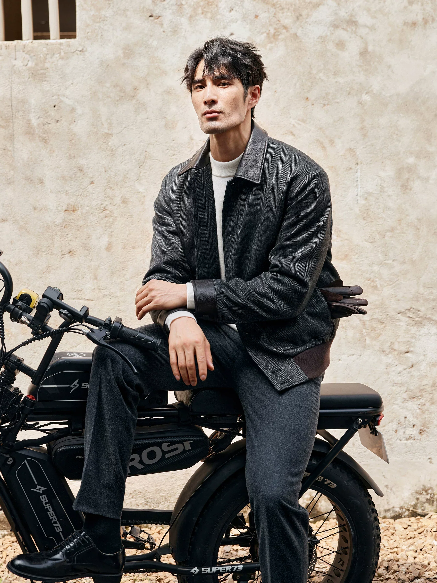 Herringbone Wool Faux Leather-Collar Jacket