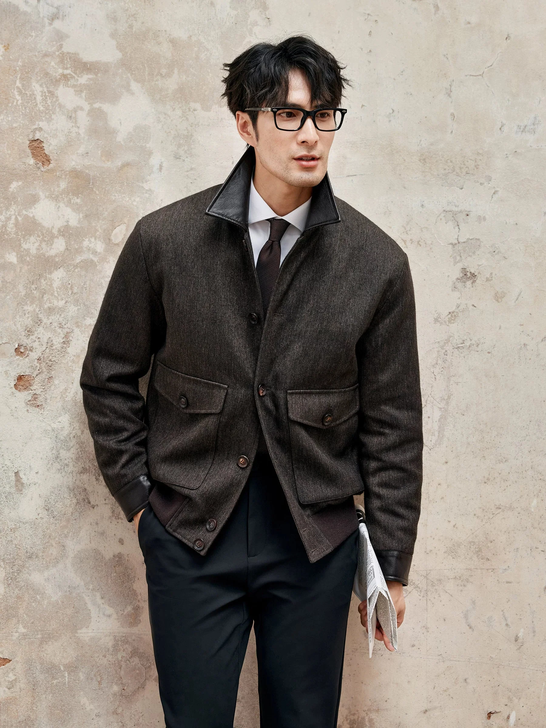 Herringbone Wool Faux Leather-Collar Jacket - Image 2