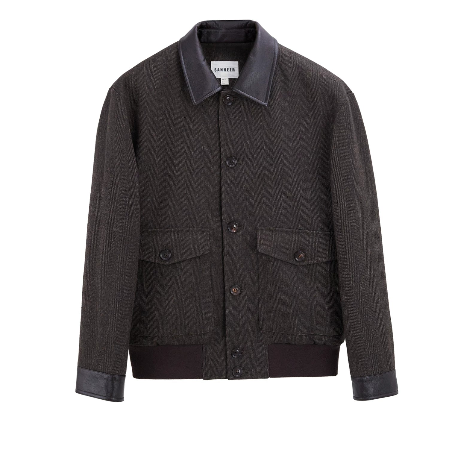Herringbone Wool Faux Leather-Collar Jacket - Image 5