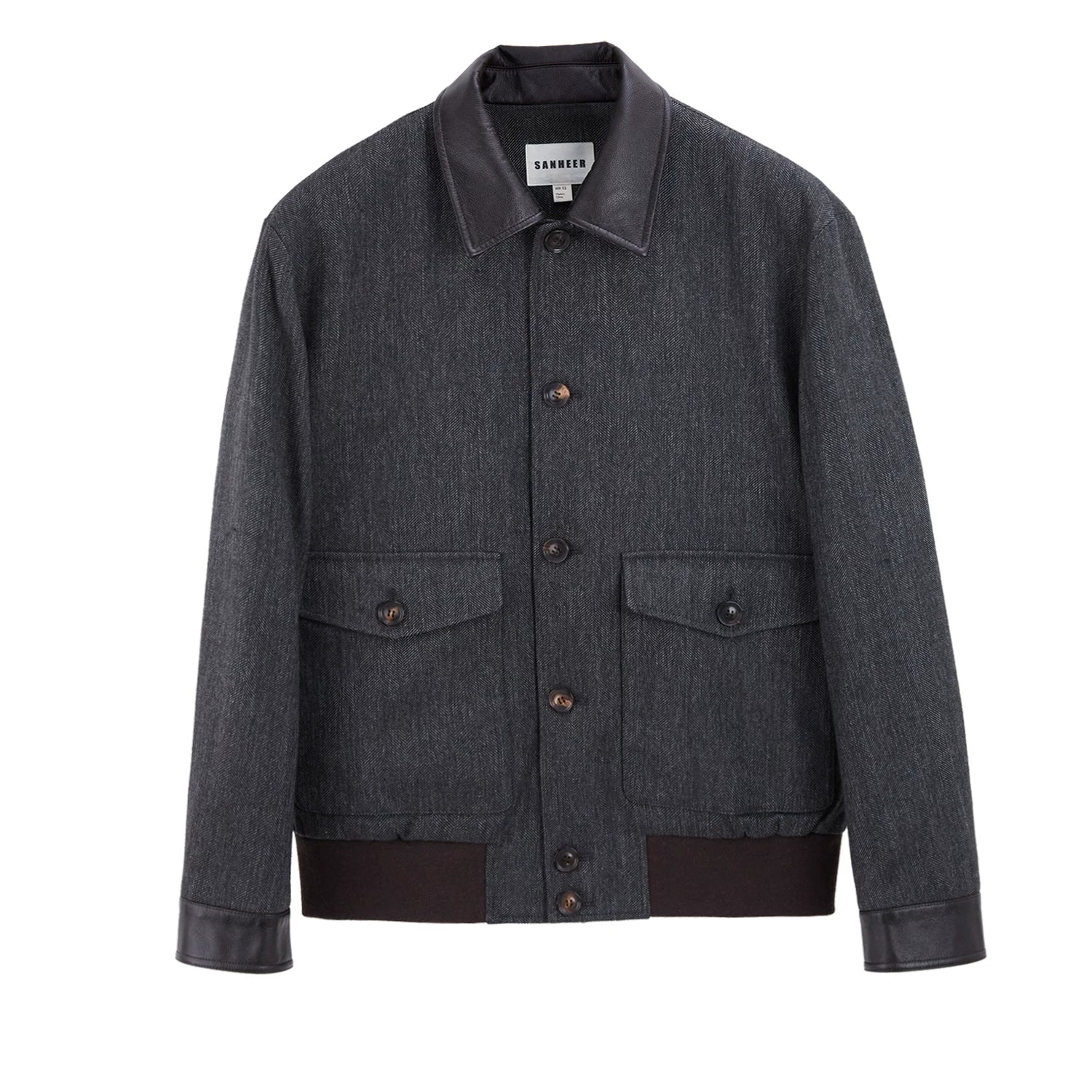 Herringbone Wool Faux Leather-Collar Jacket - Image 6