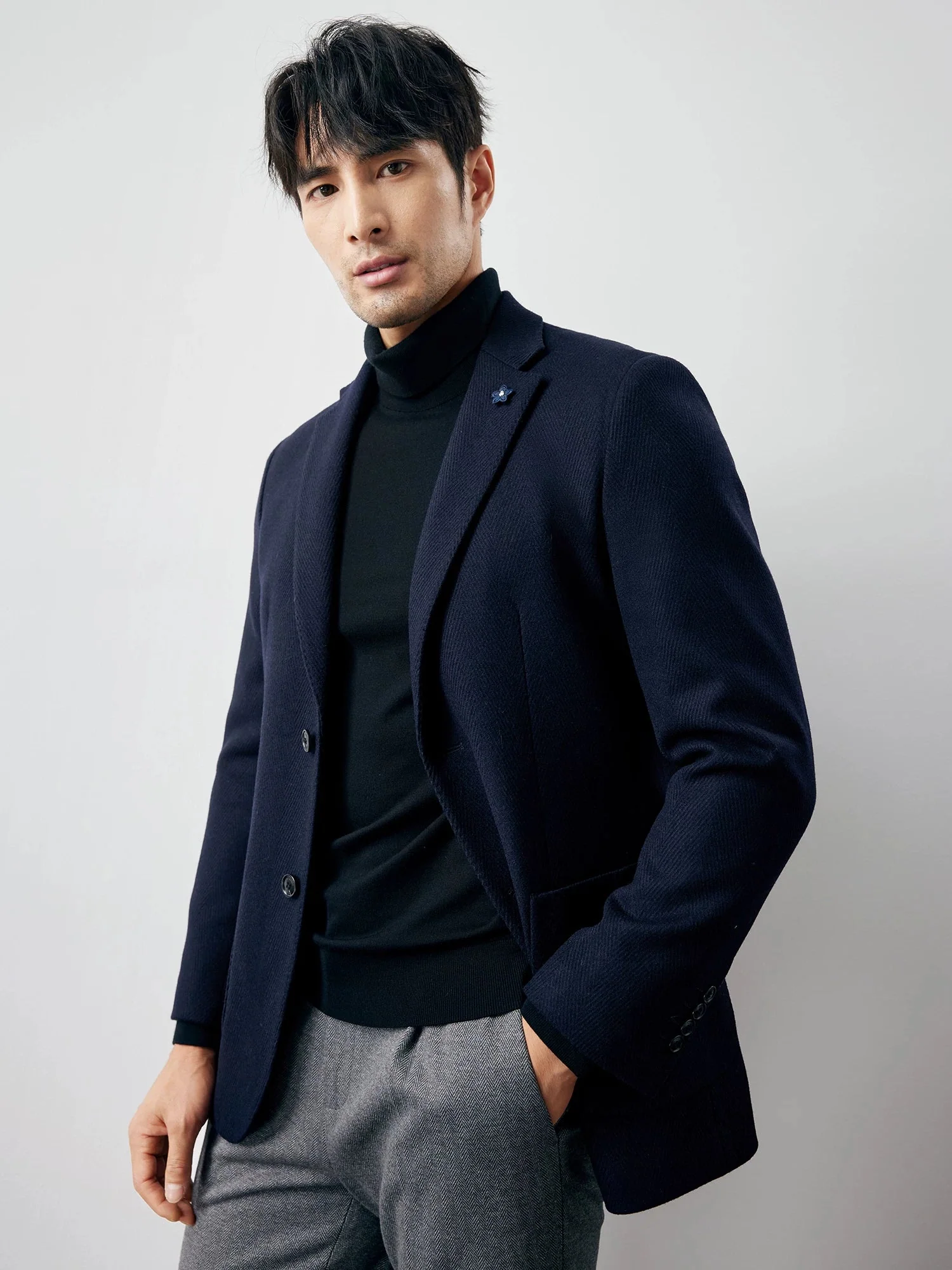 Herringbone Wool Slim Blazer - Image 2