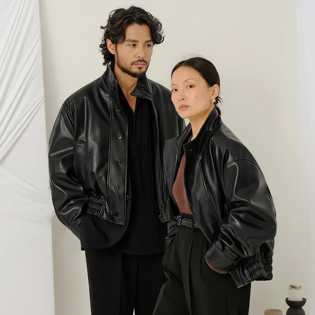 High-Collared Faux Leather Jacket - Image 2