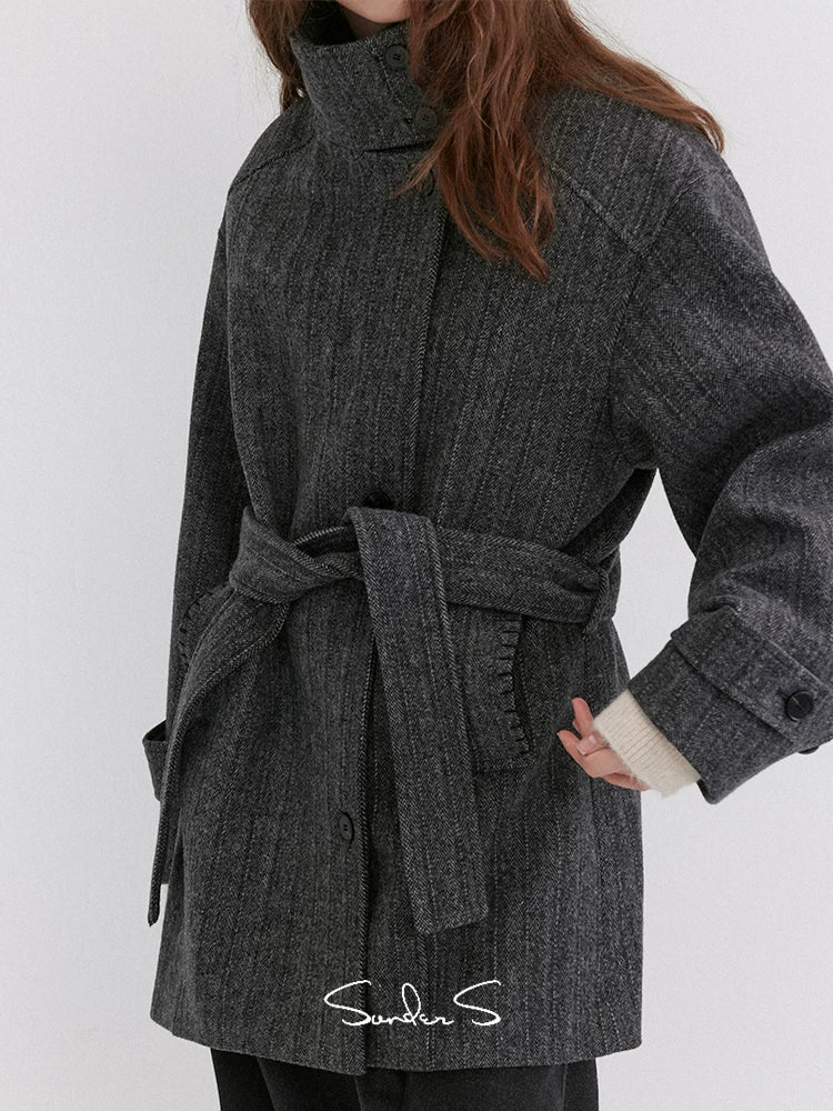 High-Neck Belted Wool-Blend Coat - Image 3