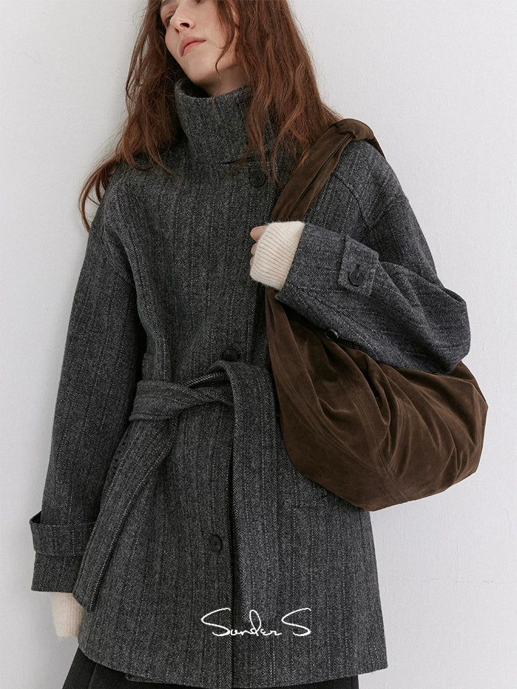 High-Neck Belted Wool-Blend Coat - Image 4