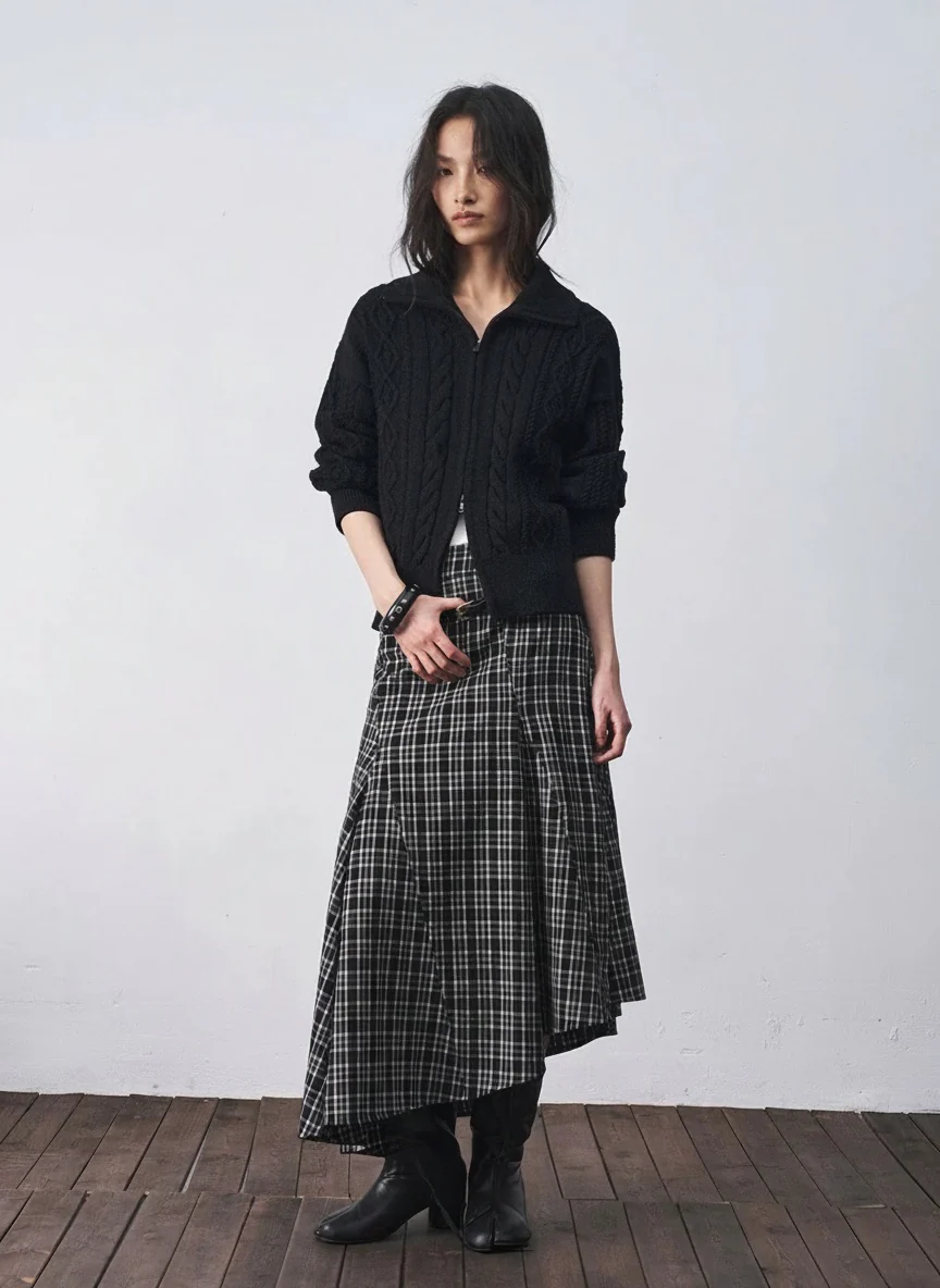 High-Neck Cable Double-Zip Cardigan