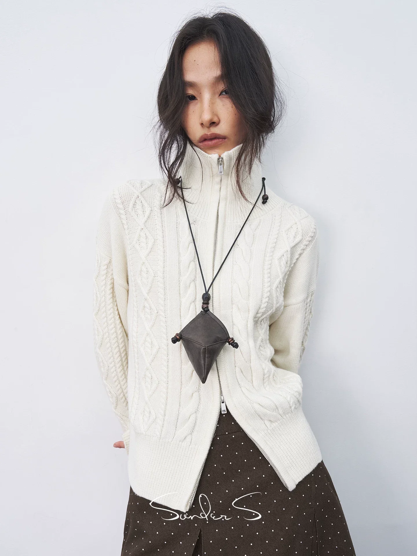 High-Neck Cable Double-Zip Cardigan - Image 2