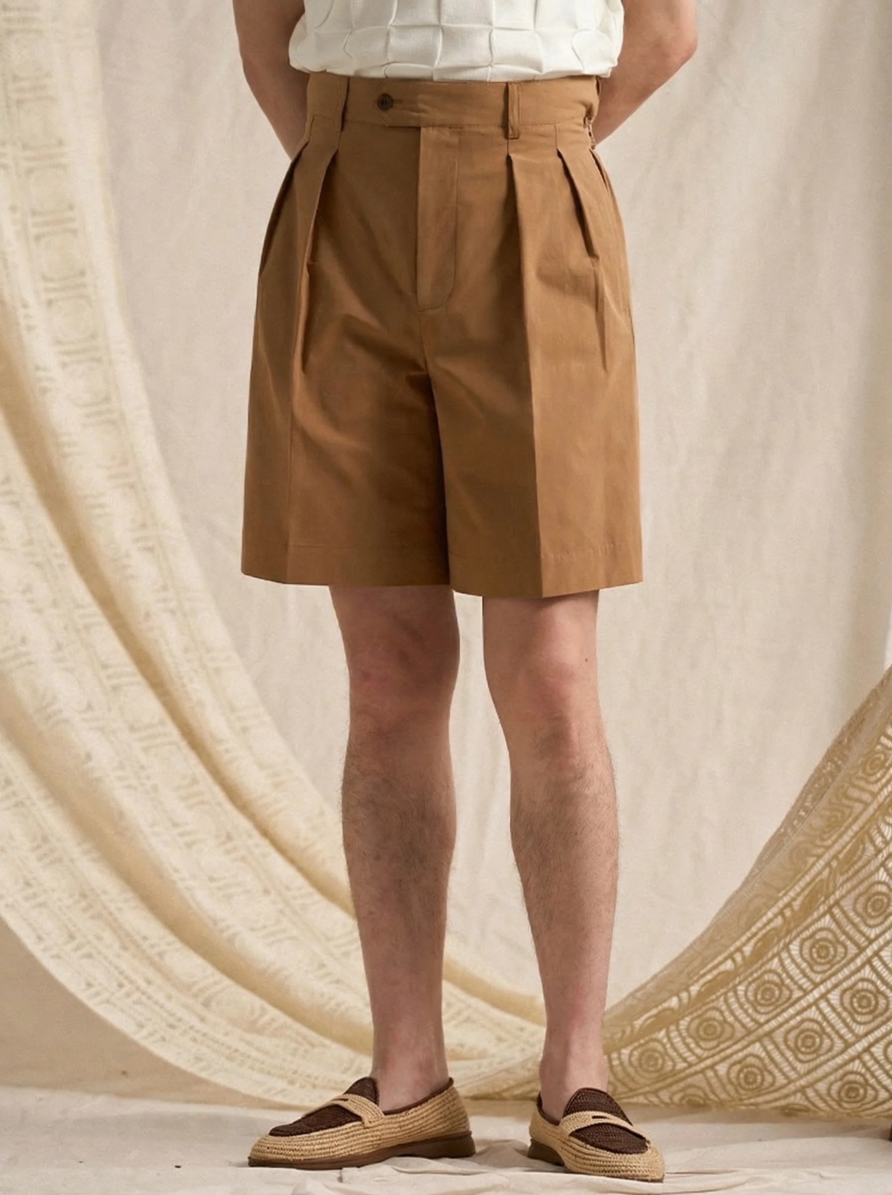 High-Waist Cotton Pleated Shorts