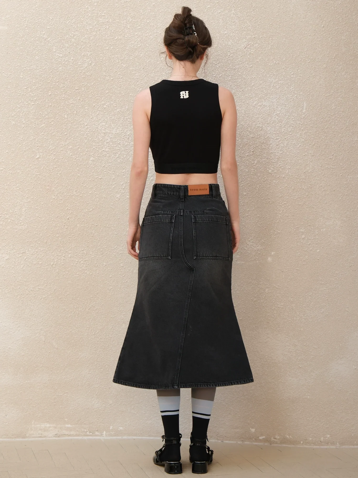 High-Waist Fishtail Denim Midi Skirt - Image 4