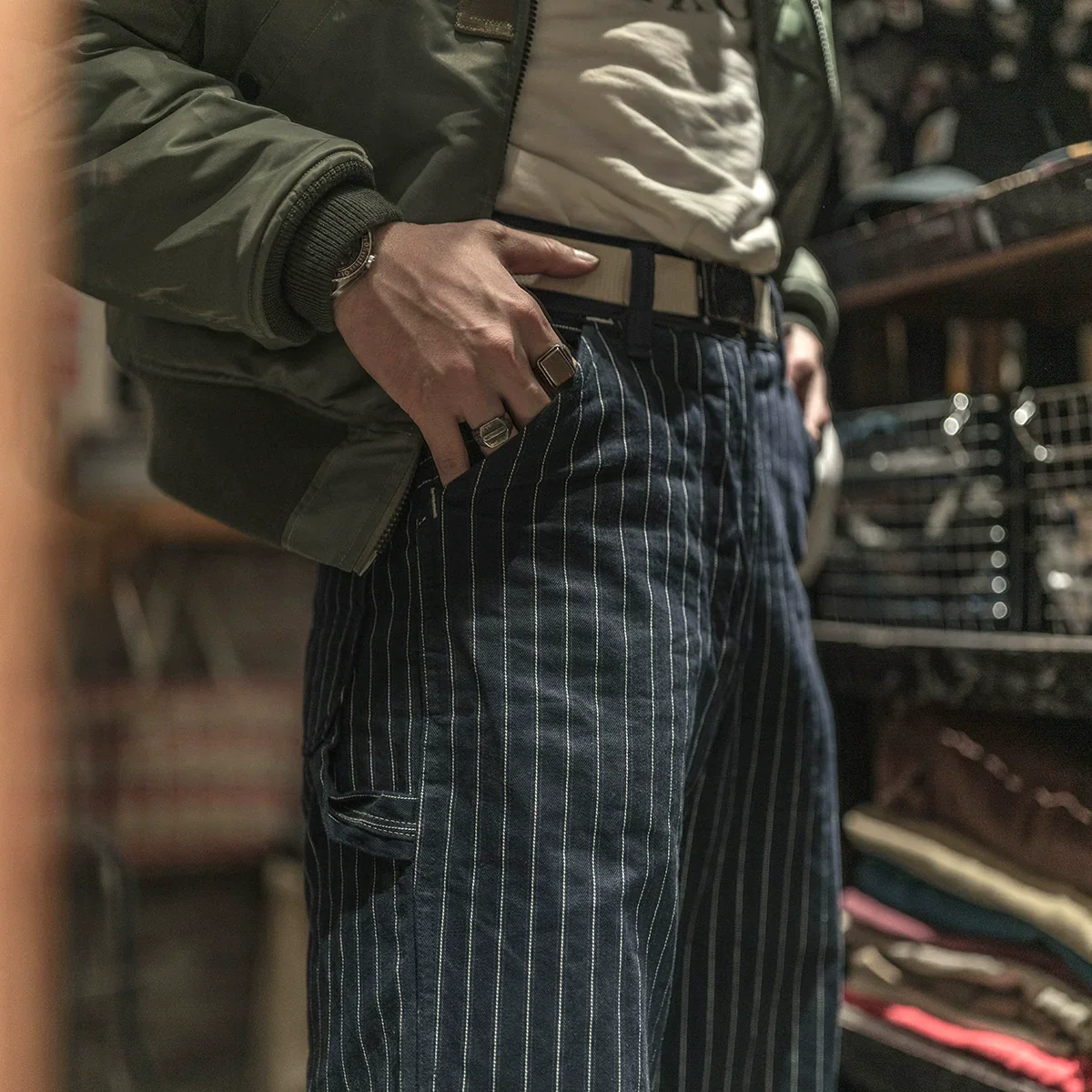 High-Waist Pinstripe Mechanic Pants - Image 2