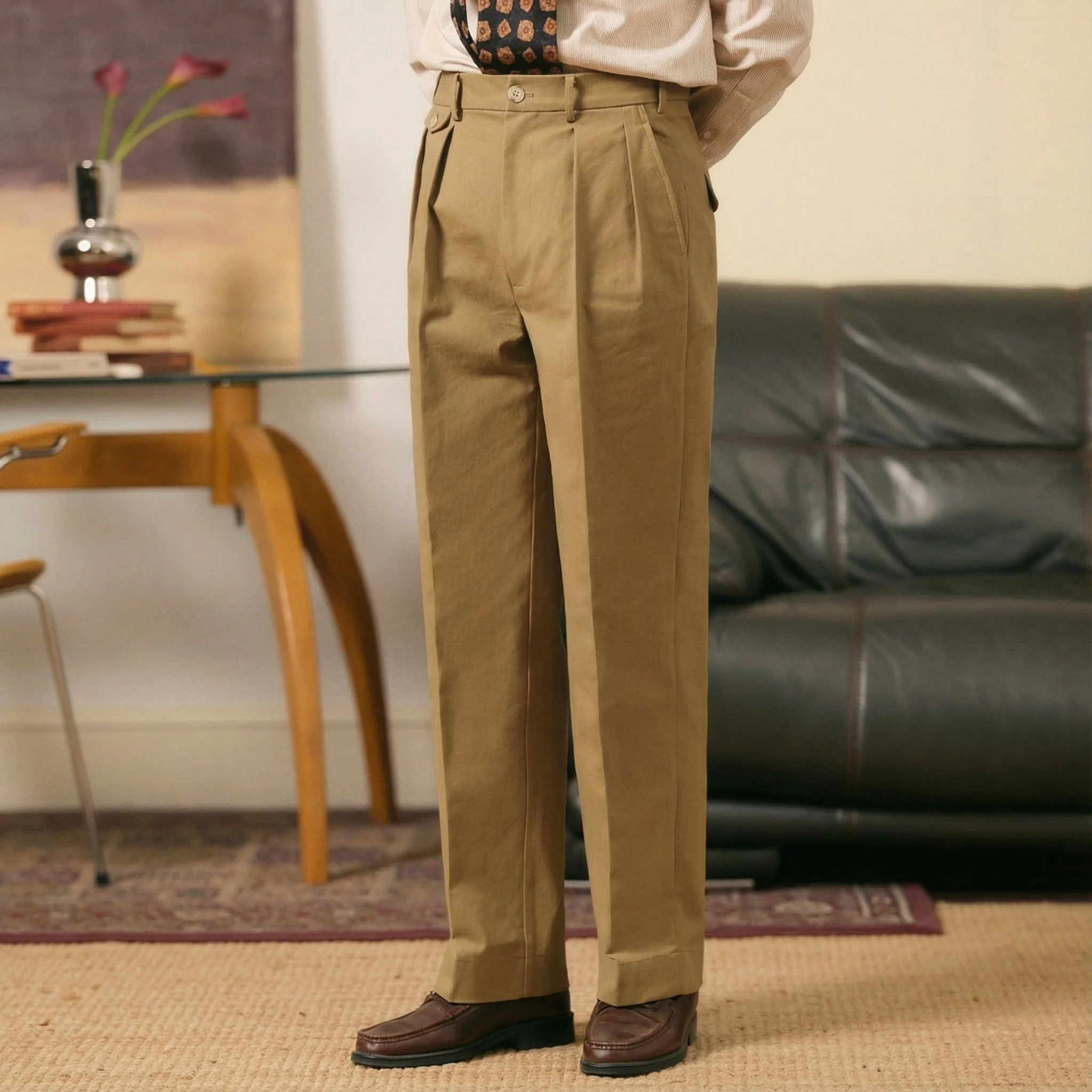 High-Waist Pleated Khaki Trousers