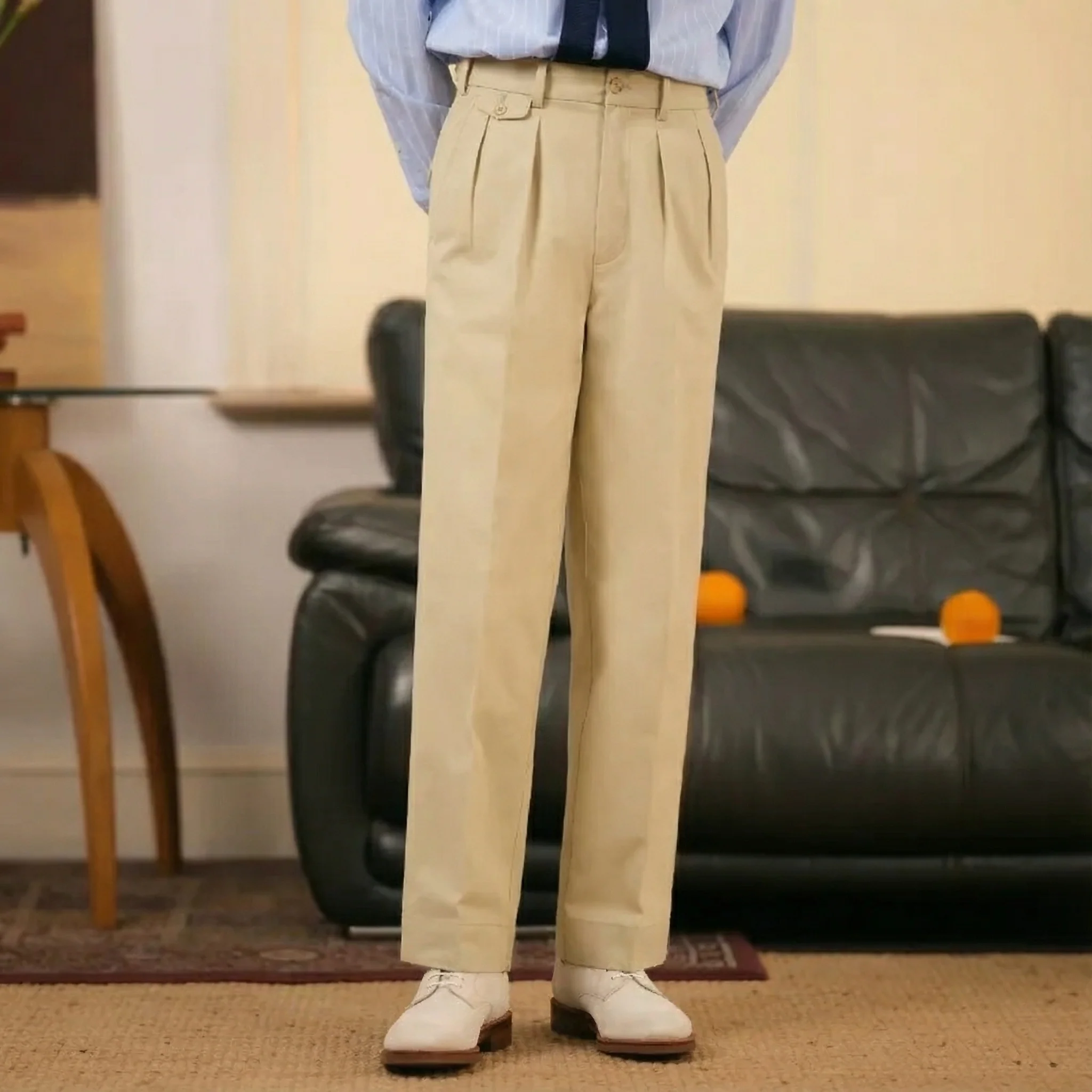 High-Waist Pleated Khaki Trousers - Image 3