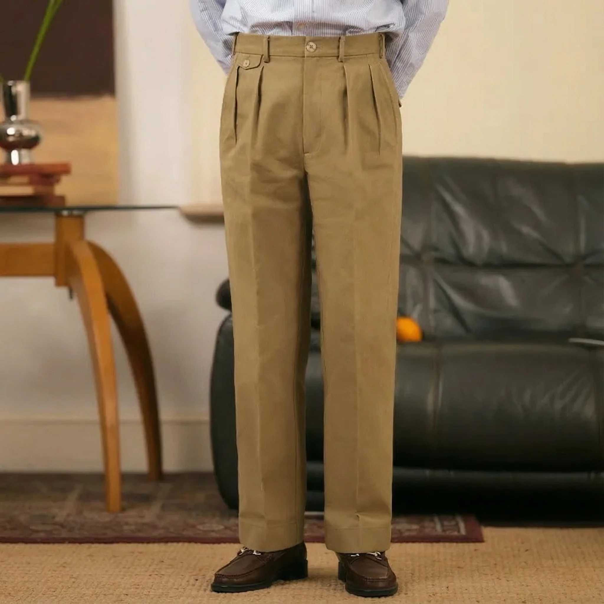 High-Waist Pleated Khaki Trousers - Image 4