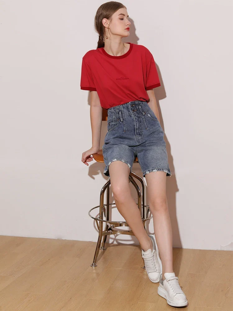 High-Waist Washed Denim Bermuda Shorts