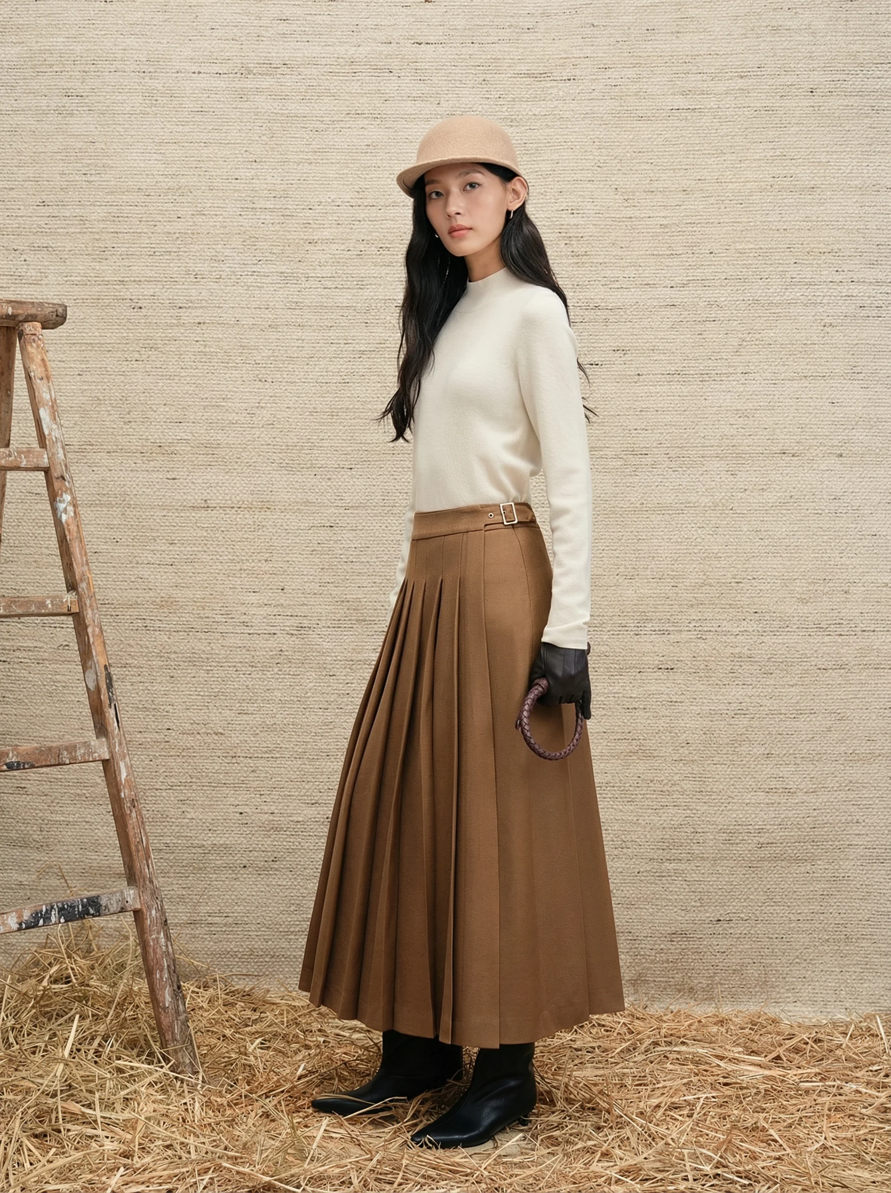 High-Waist Wool Pleated Midi Skirt - Image 2