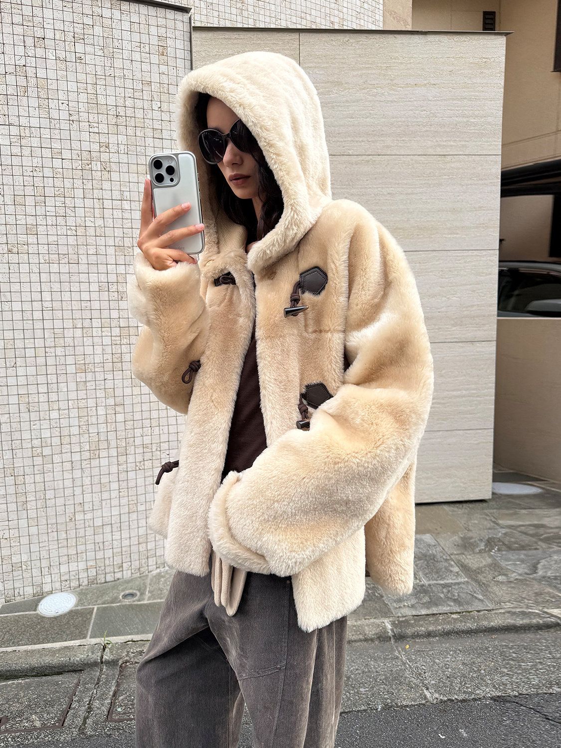 Hooded Shearling Duffle Coat - Image 3