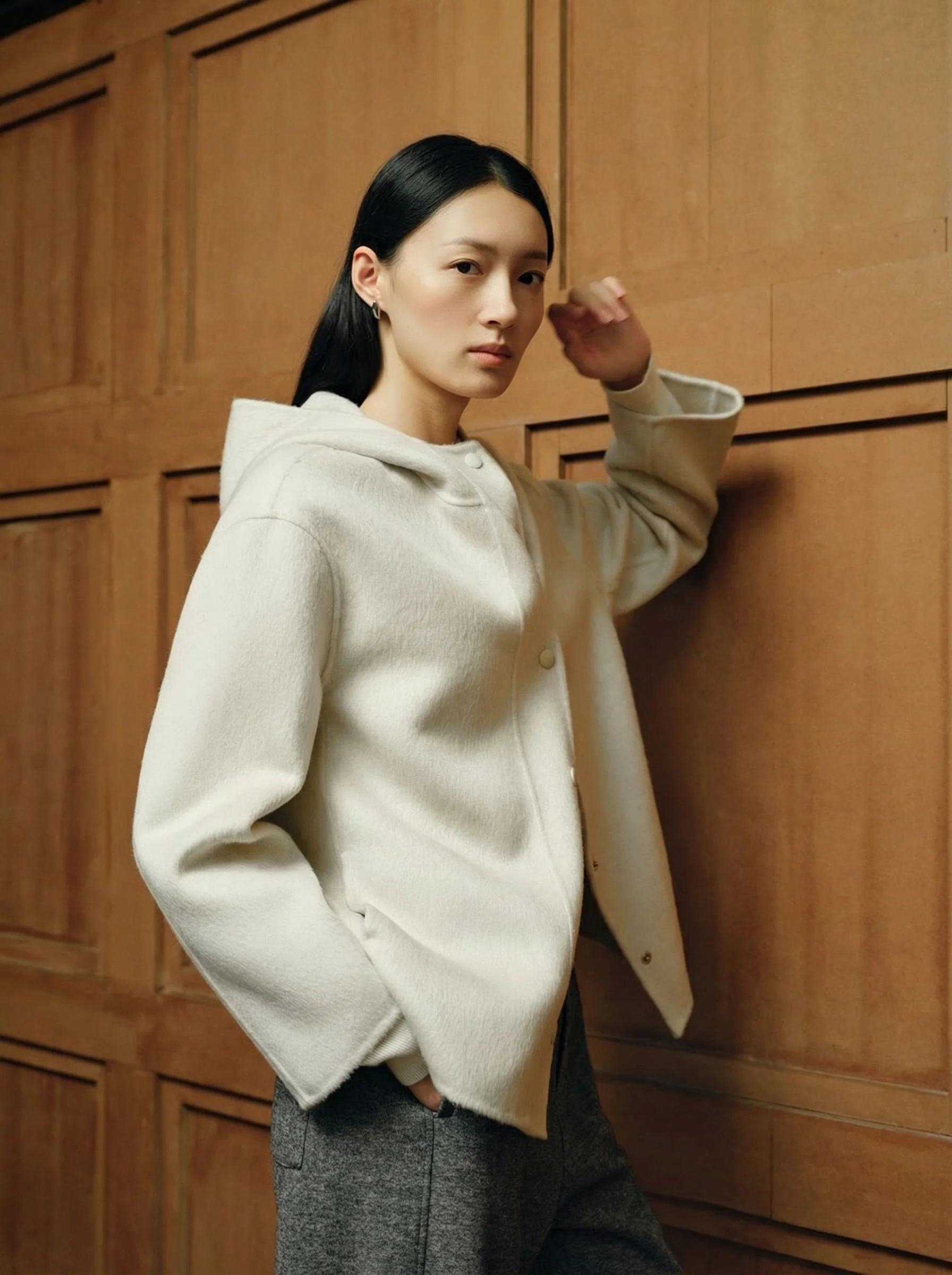 Hooded Snap-Front Wool Coat