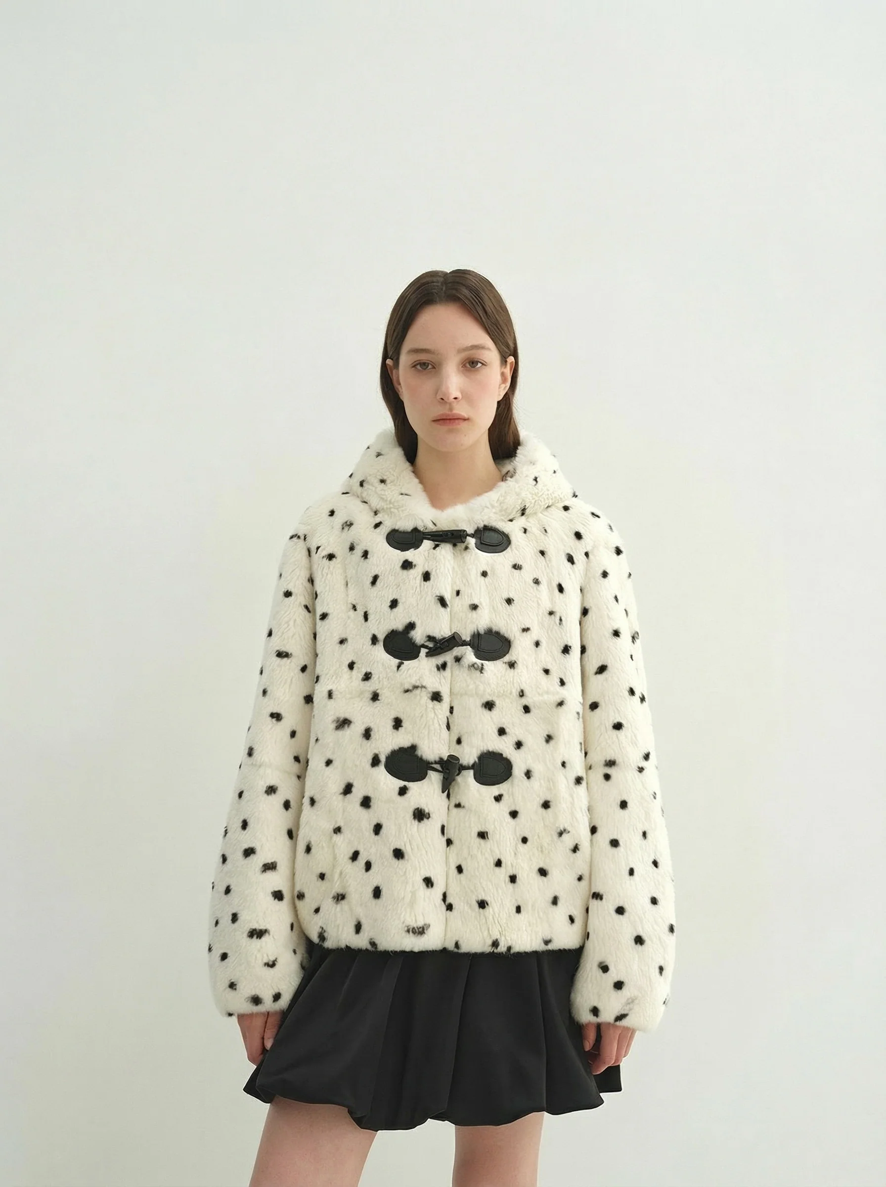 Hooded Spotted Plush Duffle Jacket